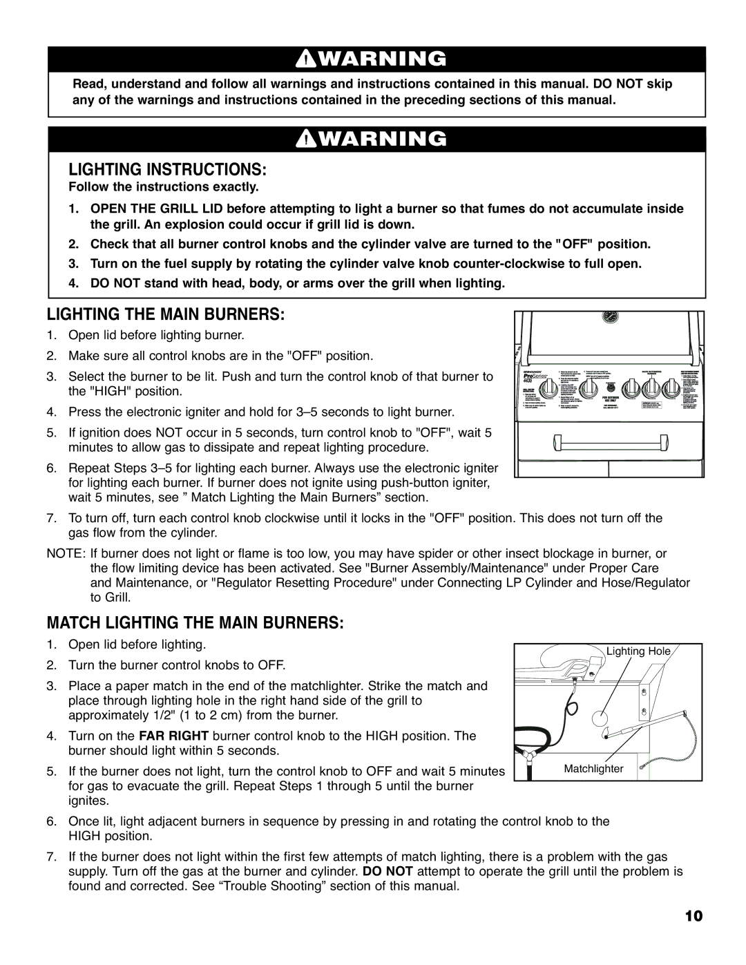 Brinkmann ProSeries 4435 owner manual Lighting Instructions, Match Lighting the Main Burners 