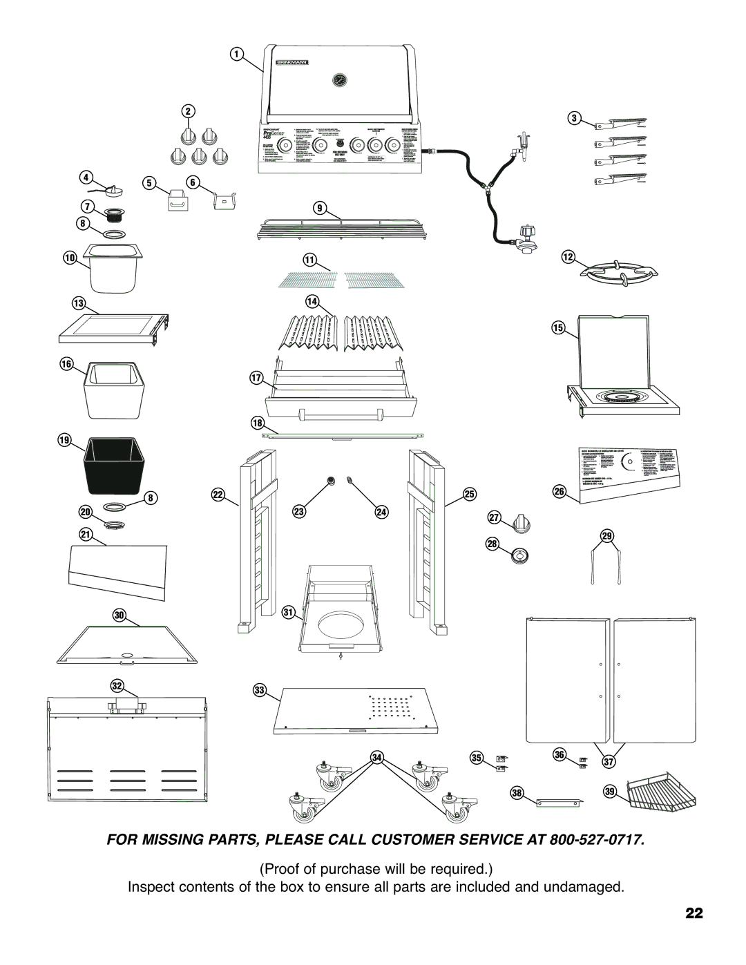 Brinkmann ProSeries 4435 owner manual For Missing PARTS, Please Call Customer Service AT 