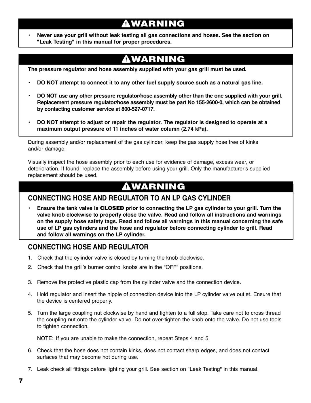 Brinkmann ProSeries 4435 owner manual Connecting Hose and Regulator to AN LP GAS Cylinder 