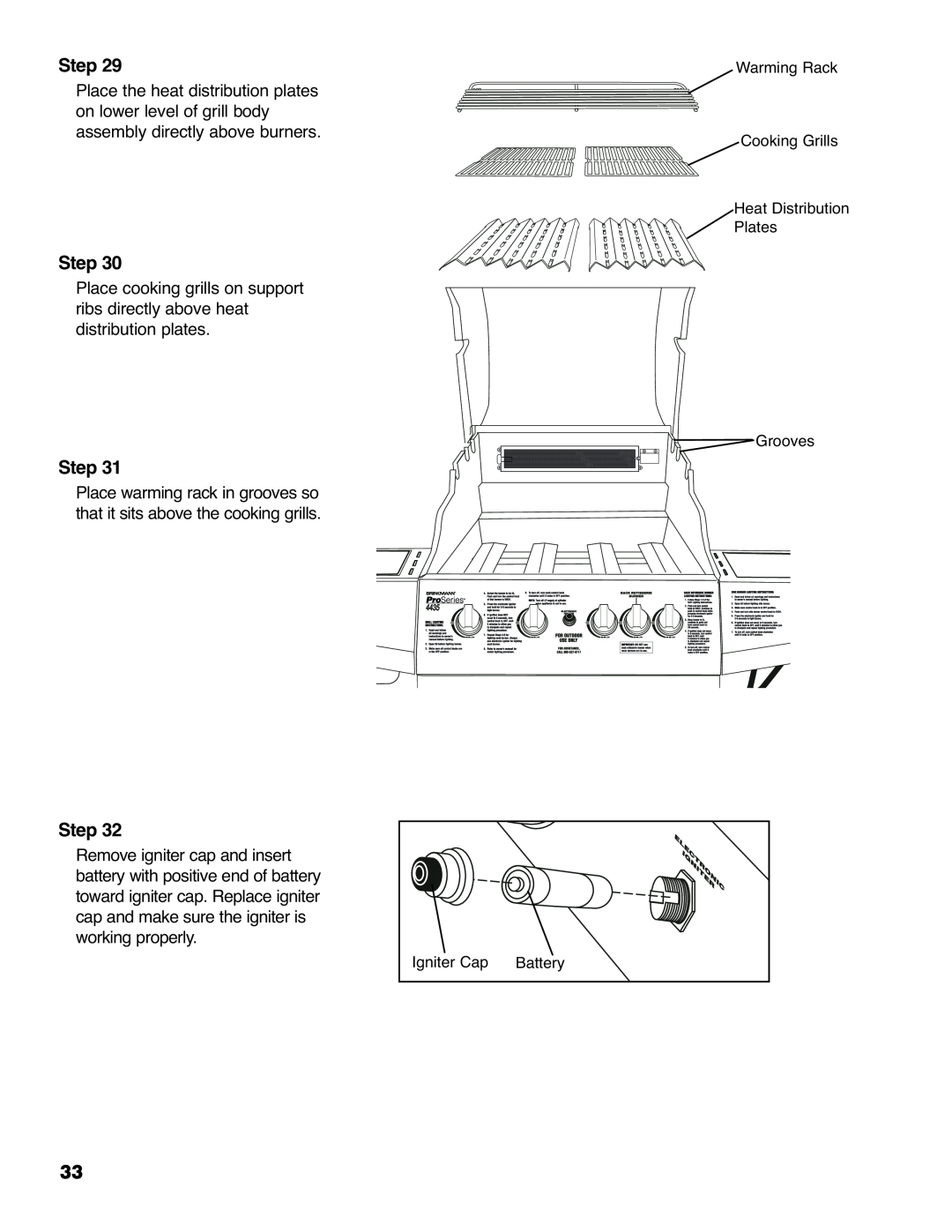 Brinkmann ProSeries 4435 owner manual Step, Place warming rack in grooves so that it sits above the cooking grills 