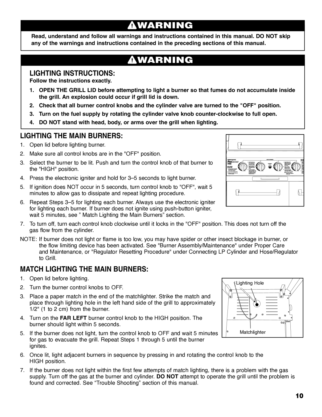 Brinkmann ProSeries 4495 owner manual Lighting Instructions, Match Lighting the Main Burners 