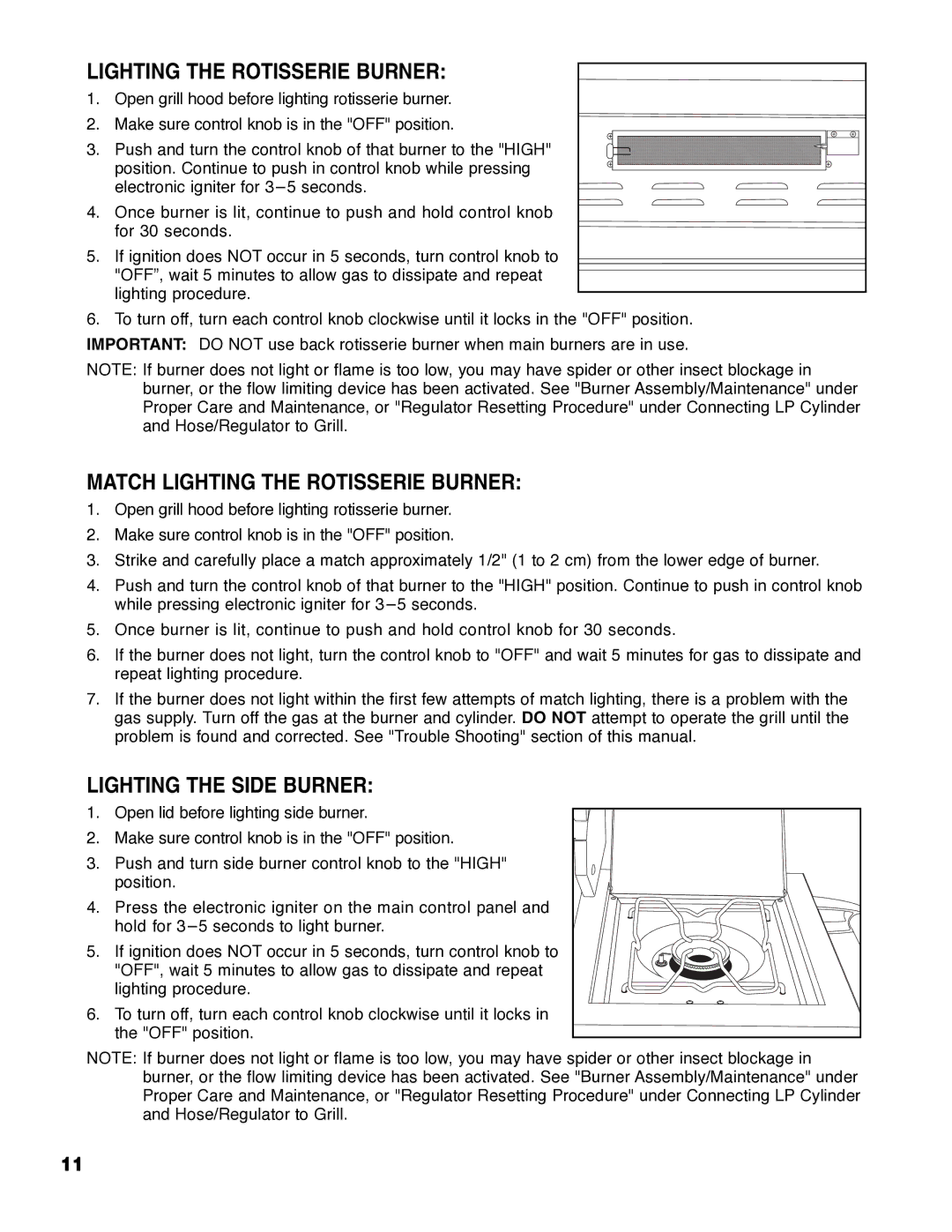 Brinkmann ProSeries 4495 owner manual Match Lighting the Rotisserie Burner, Lighting the Side Burner 