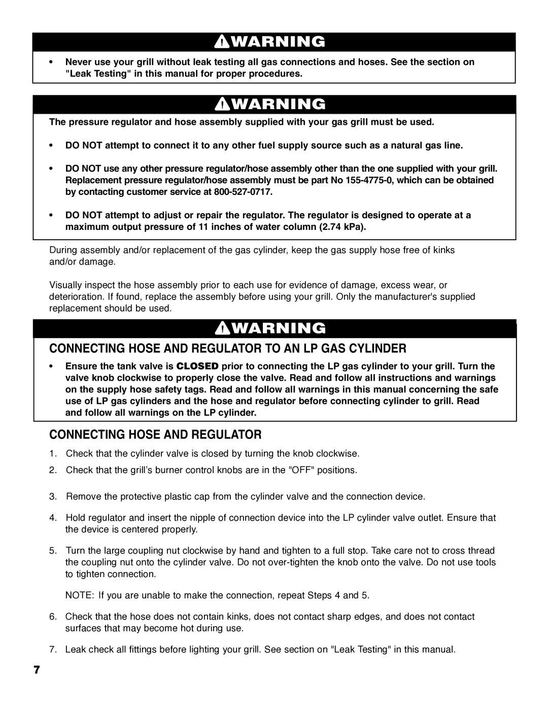 Brinkmann ProSeries 4495 owner manual Connecting Hose and Regulator to AN LP GAS Cylinder 