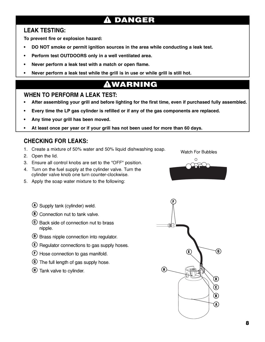 Brinkmann ProSeries 4495 owner manual Leak Testing, When to Perform a Leak Test, Checking for Leaks 