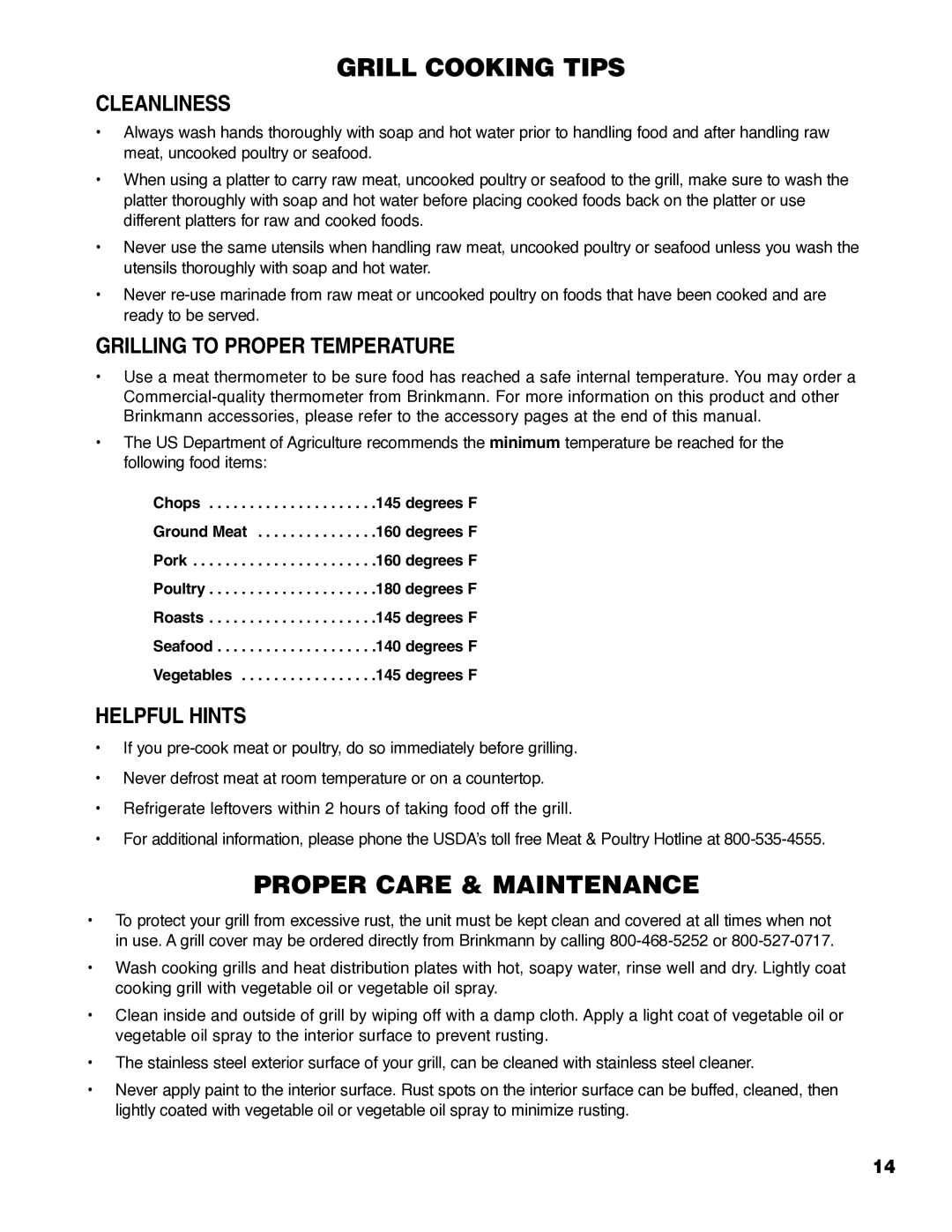 Brinkmann ProSeries 4655 owner manual Cleanliness, Grilling to Proper Temperature, Helpful Hints 