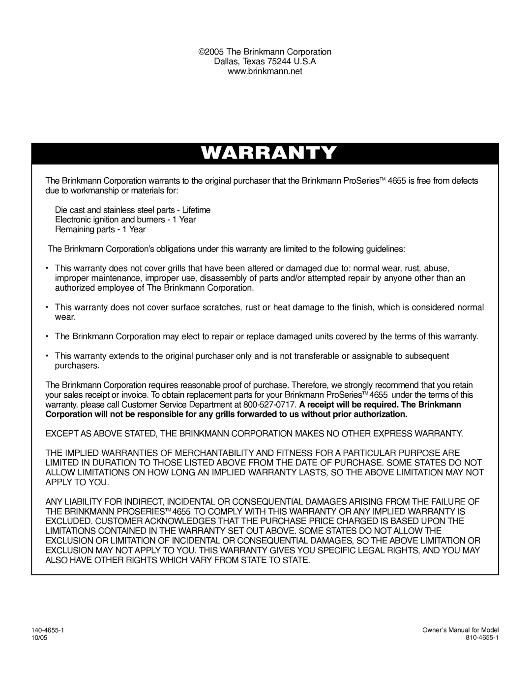 Brinkmann ProSeries 4655 owner manual Warranty 