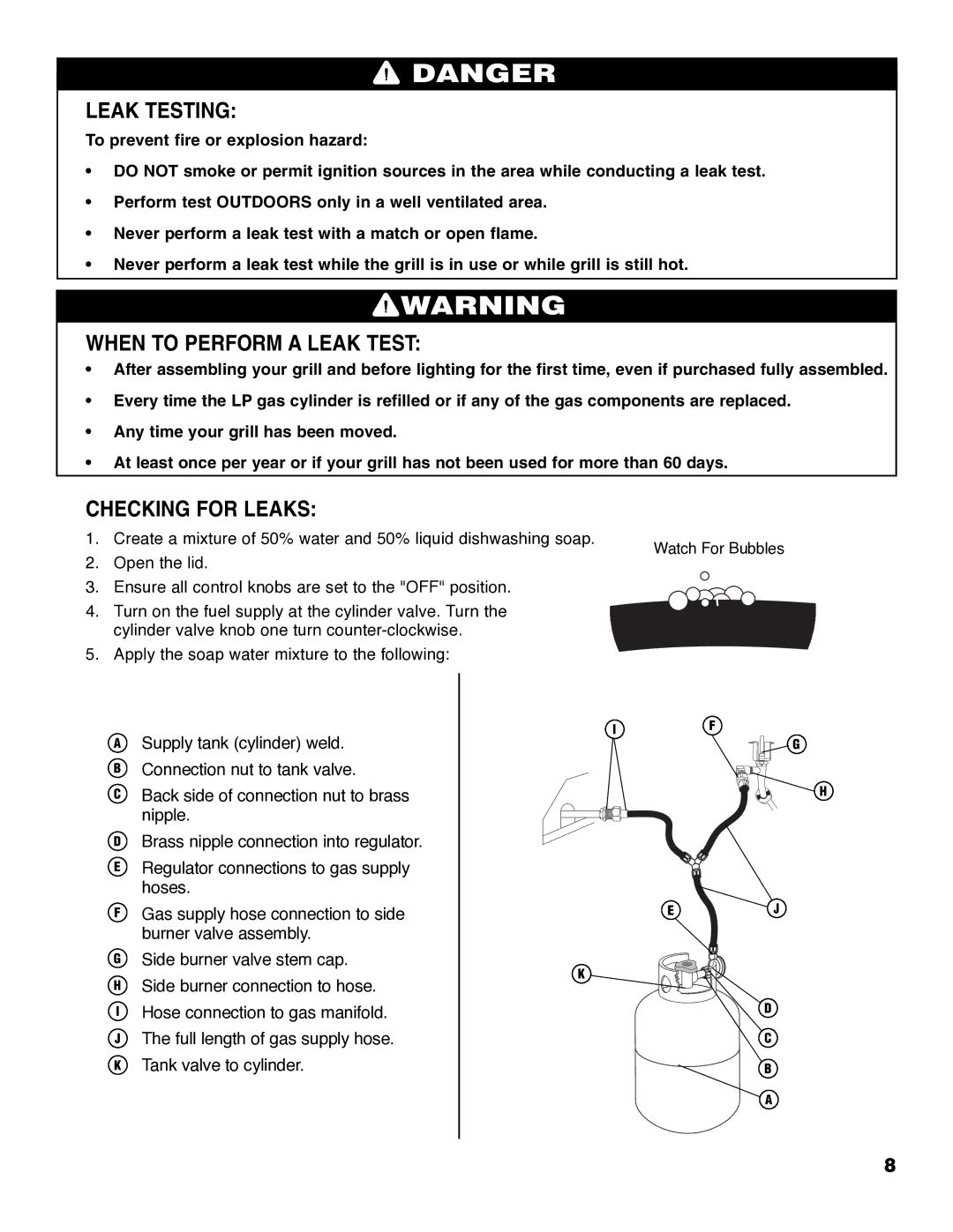 Brinkmann ProSeries 4655 owner manual Leak Testing, When to Perform a Leak Test, Checking for Leaks 