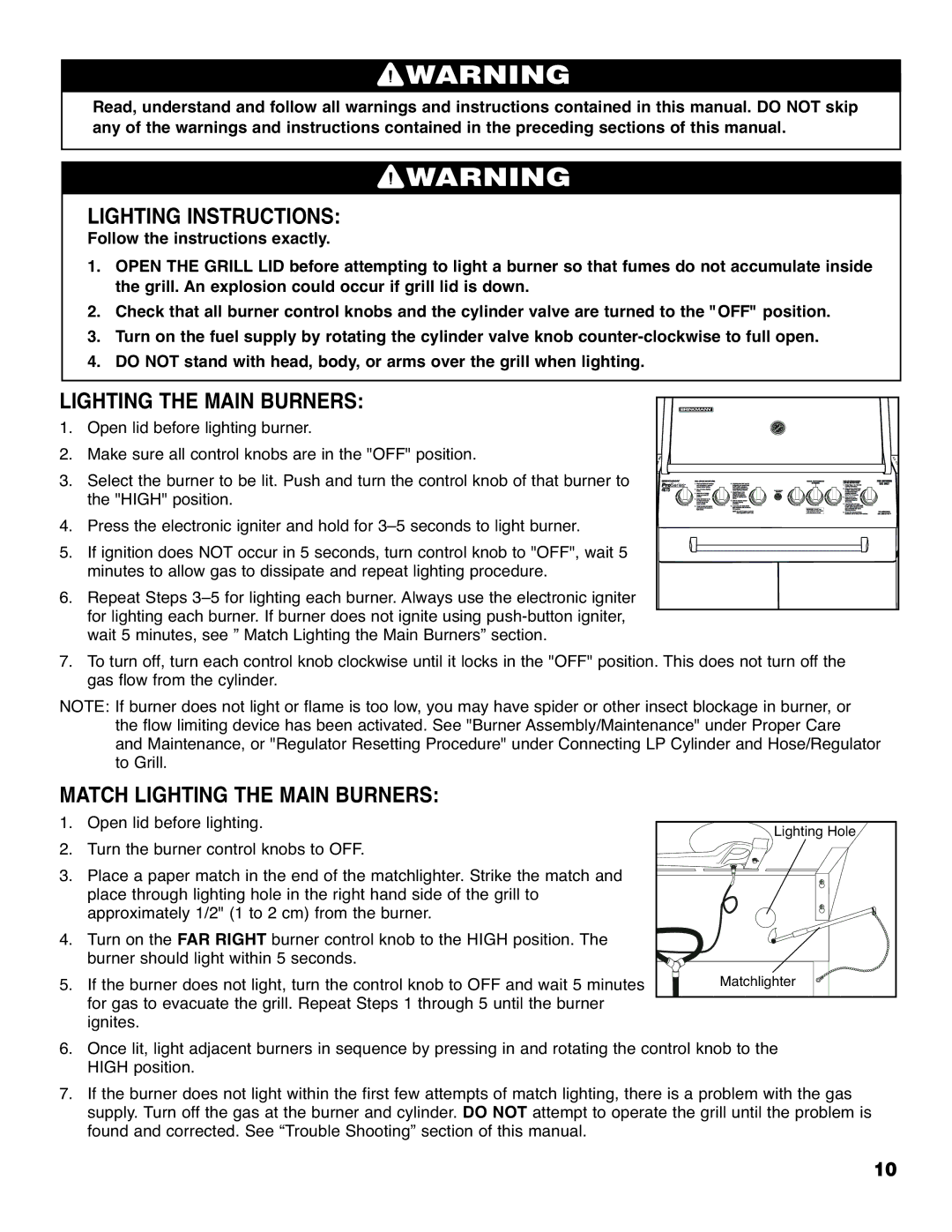 Brinkmann ProSeries 4675 owner manual Lighting Instructions, Match Lighting the Main Burners 