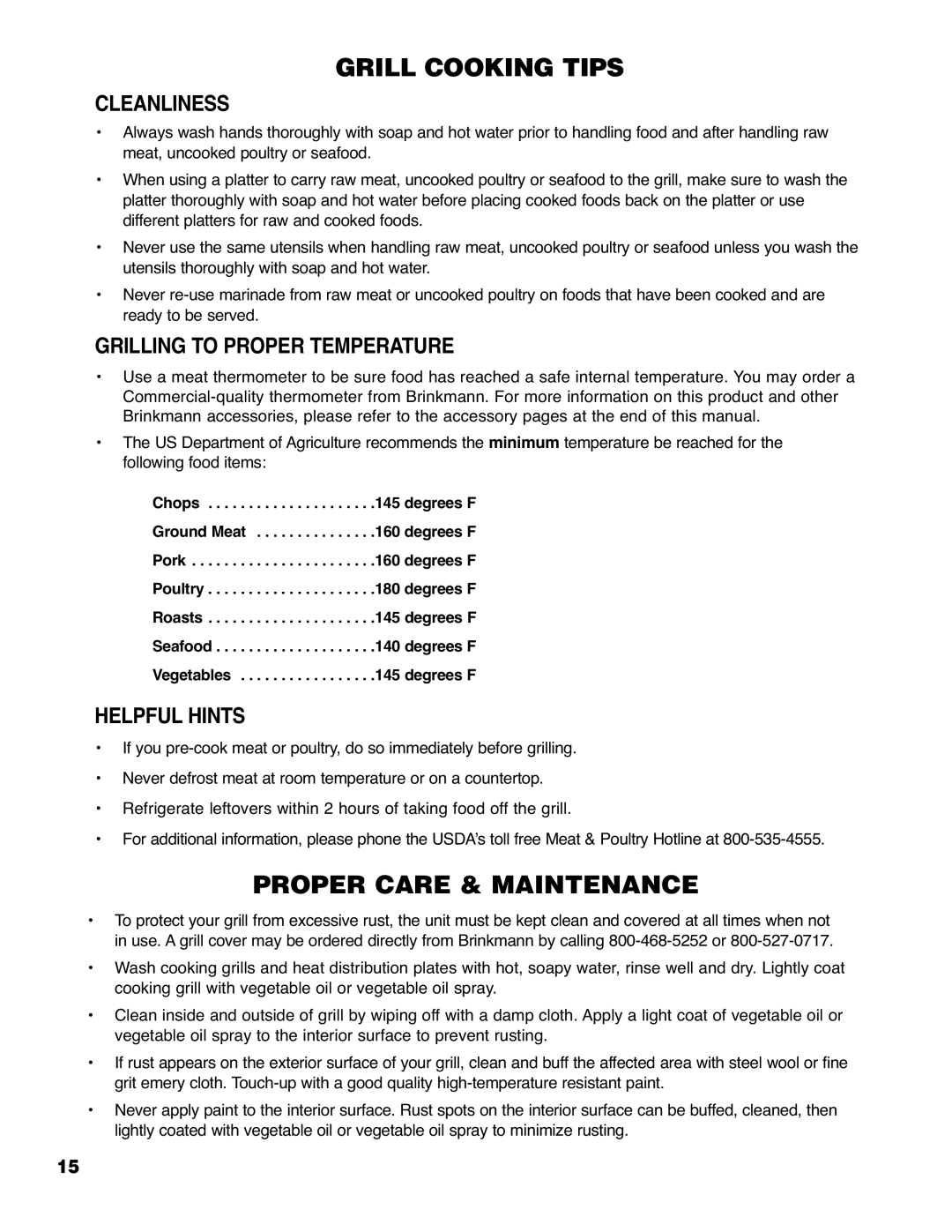 Brinkmann ProSeries 4675 owner manual Cleanliness, Grilling to Proper Temperature, Helpful Hints 