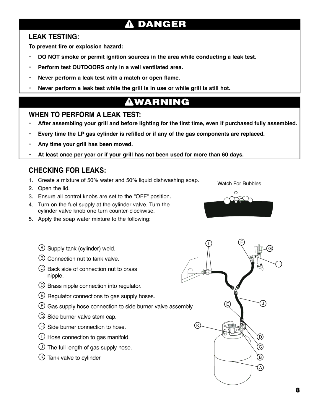 Brinkmann ProSeries 4675 owner manual Leak Testing, When to Perform a Leak Test, Checking for Leaks 