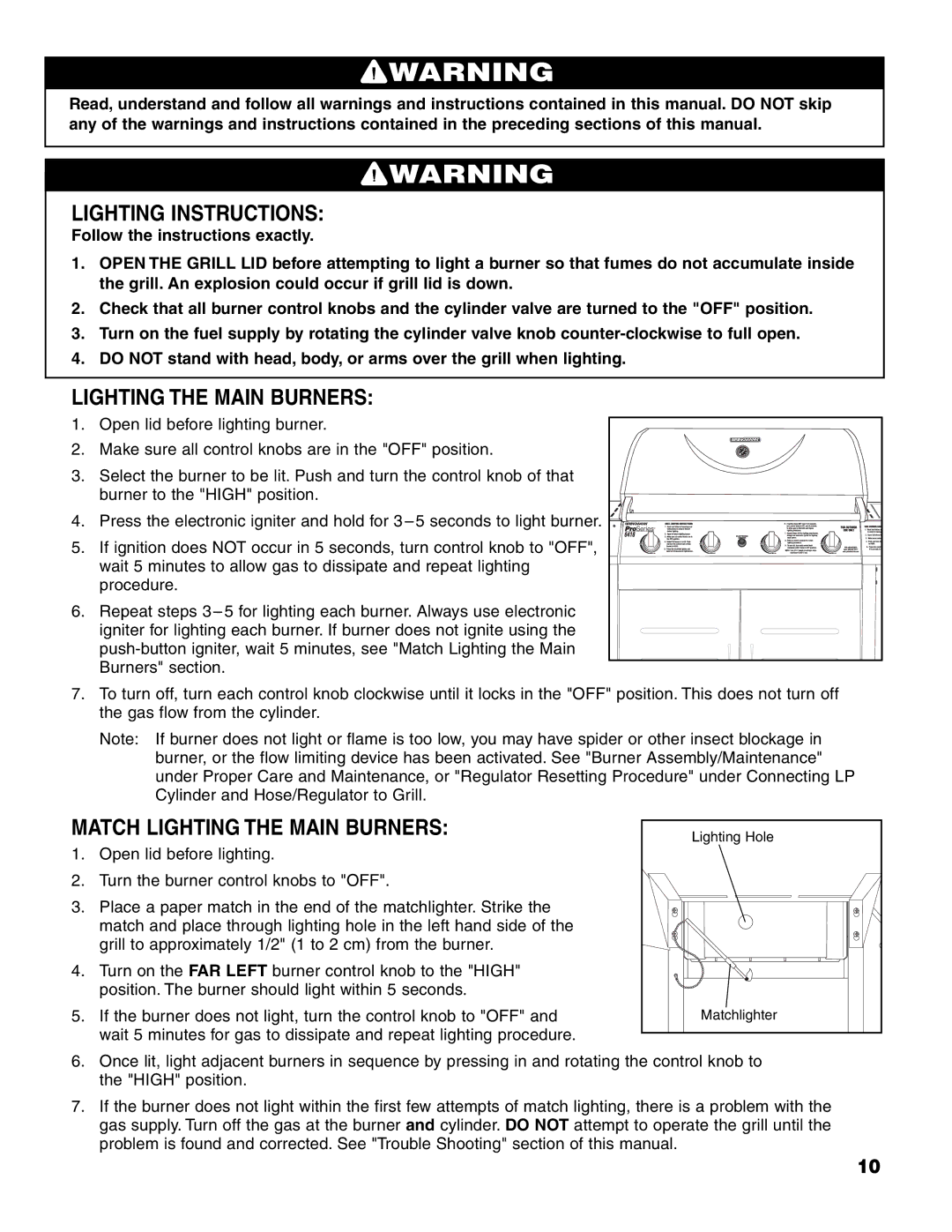 Brinkmann ProSeries 6418 owner manual Lighting Instructions, Match Lighting the Main Burners 