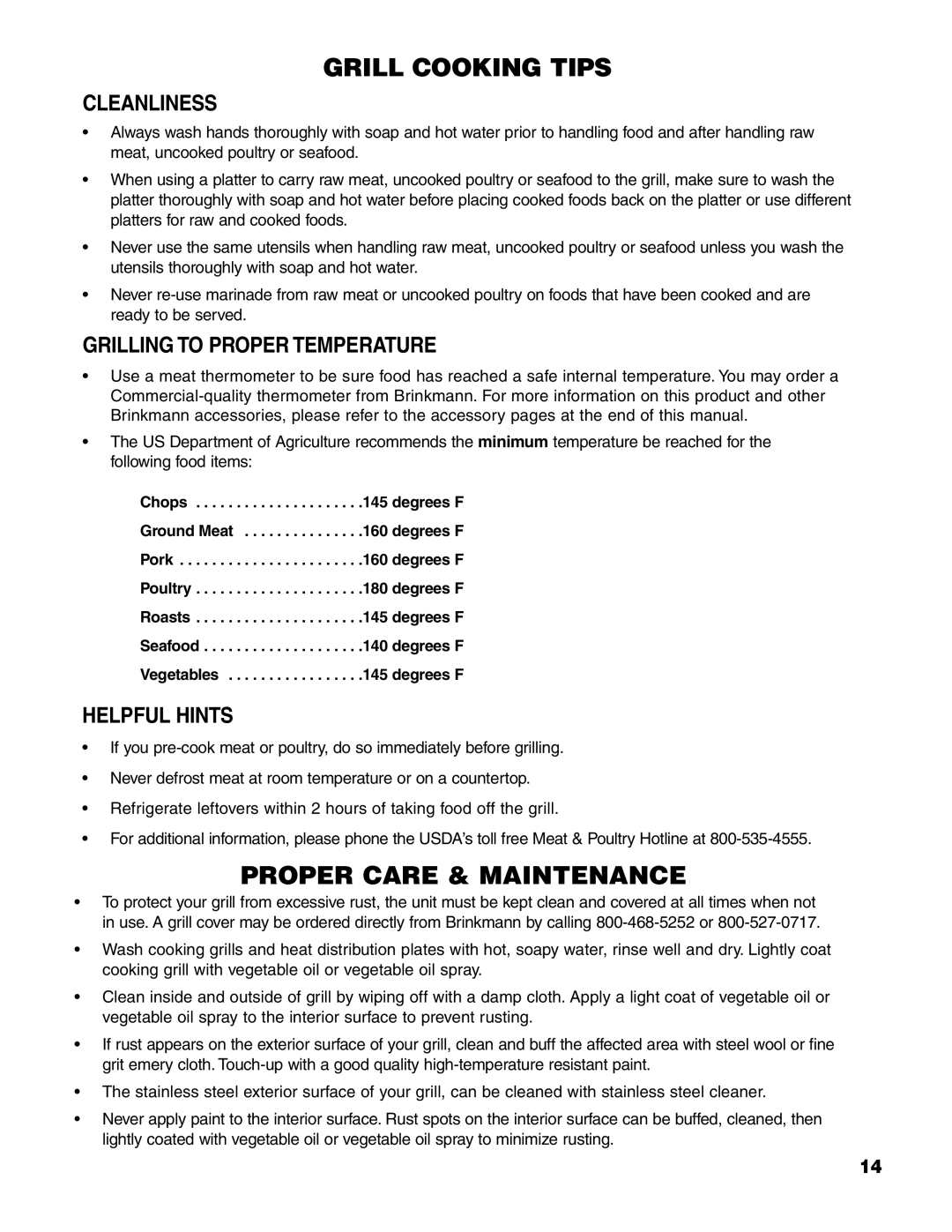 Brinkmann ProSeries 6418 owner manual Cleanliness, Grilling to Proper Temperature, Helpful Hints 