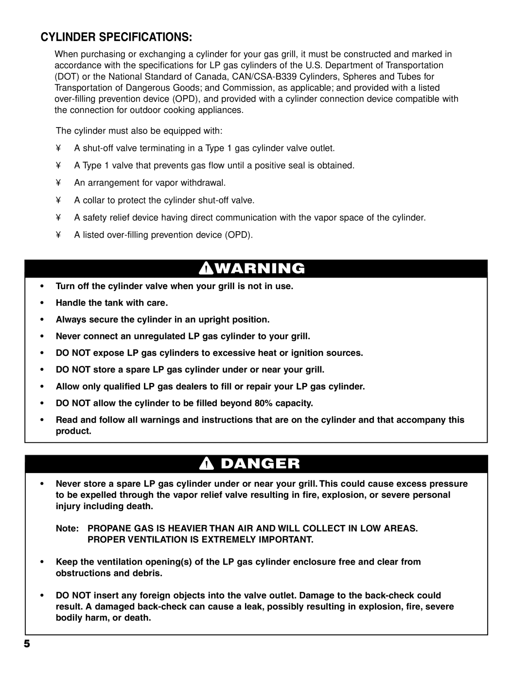 Brinkmann ProSeries 6418 owner manual Cylinder Specifications 