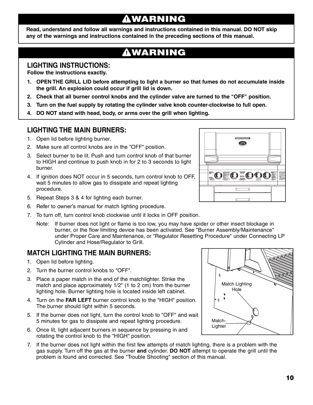 Brinkmann ProSeries 7751 owner manual Lighting Instructions, Match Lighting the Main Burners 