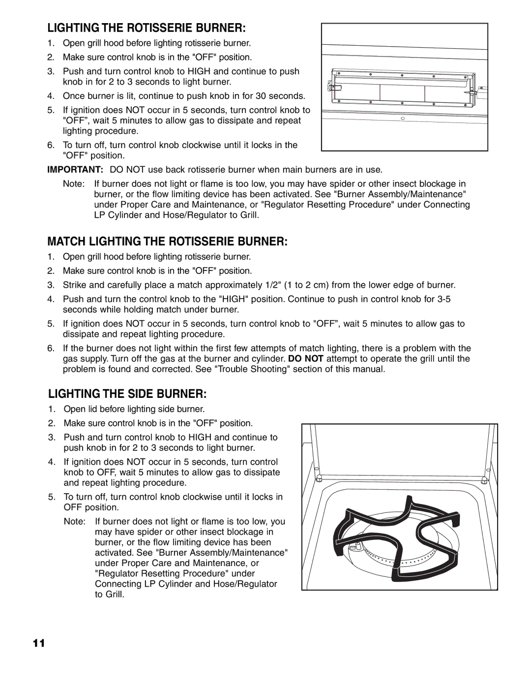 Brinkmann ProSeries 7751 owner manual Match Lighting the Rotisserie Burner, Lighting the Side Burner 