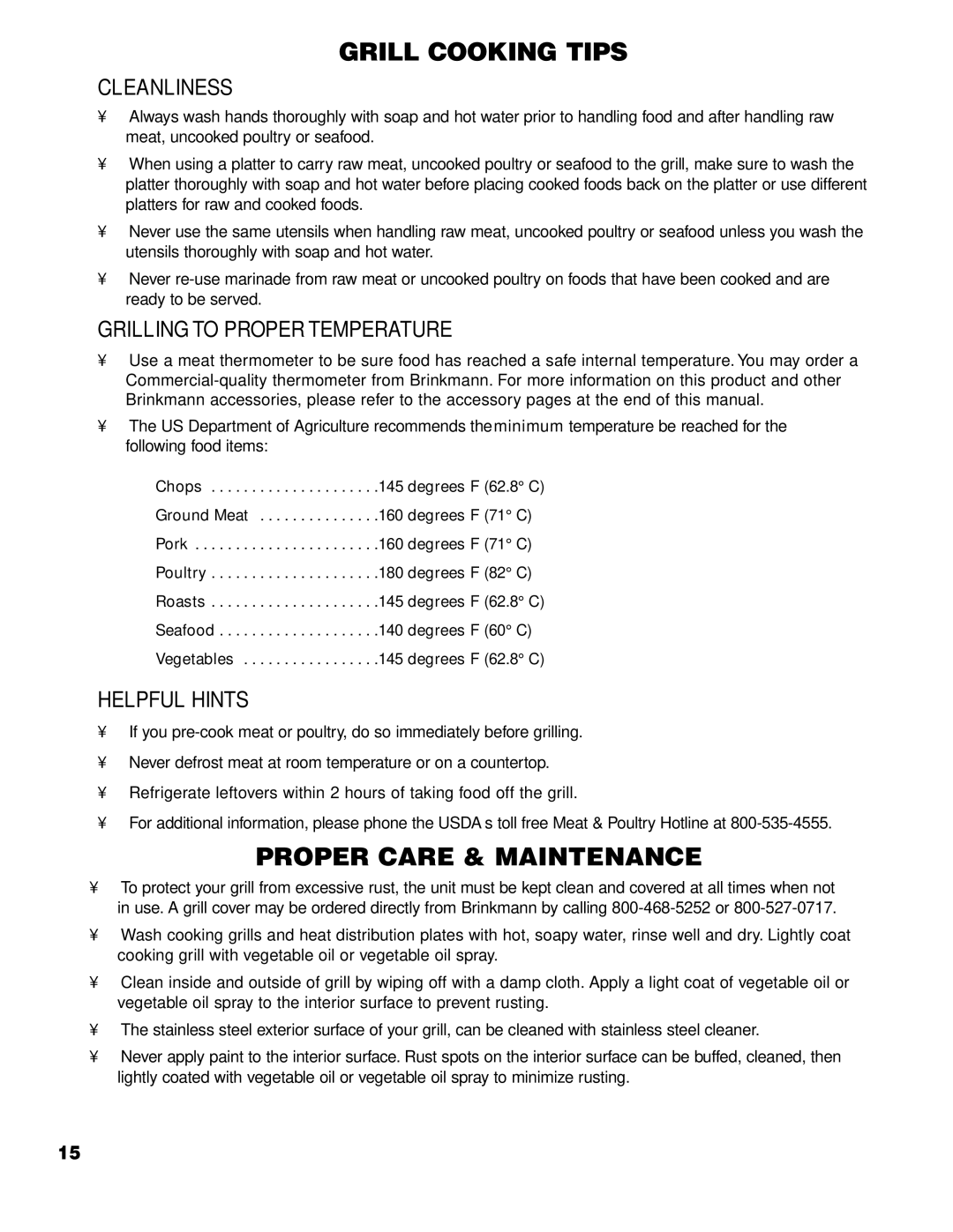 Brinkmann ProSeries 7751 owner manual Cleanliness, Grilling to Proper Temperature, Helpful Hints 