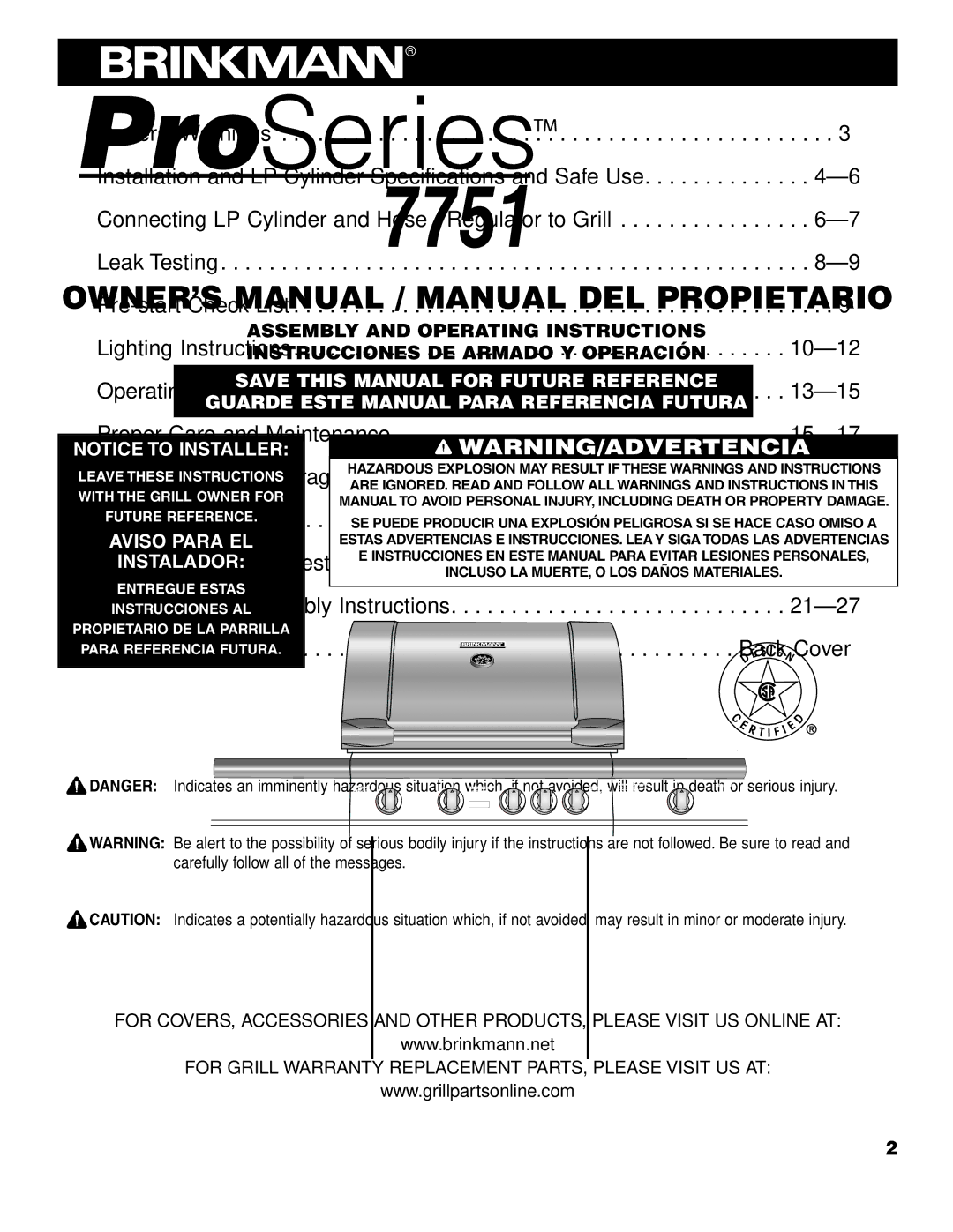 Brinkmann ProSeries 7751 owner manual Table of Contents 