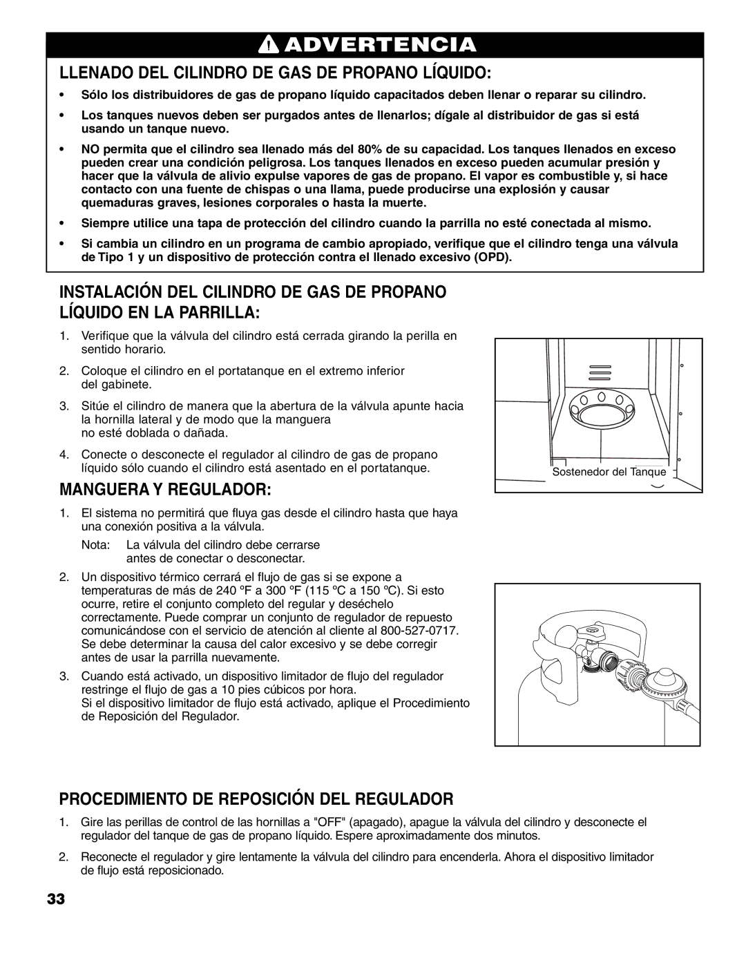 Brinkmann ProSeries 7751 owner manual Llenado DEL Cilindro DE GAS DE Propano Líquido, Manguera Y Regulador 