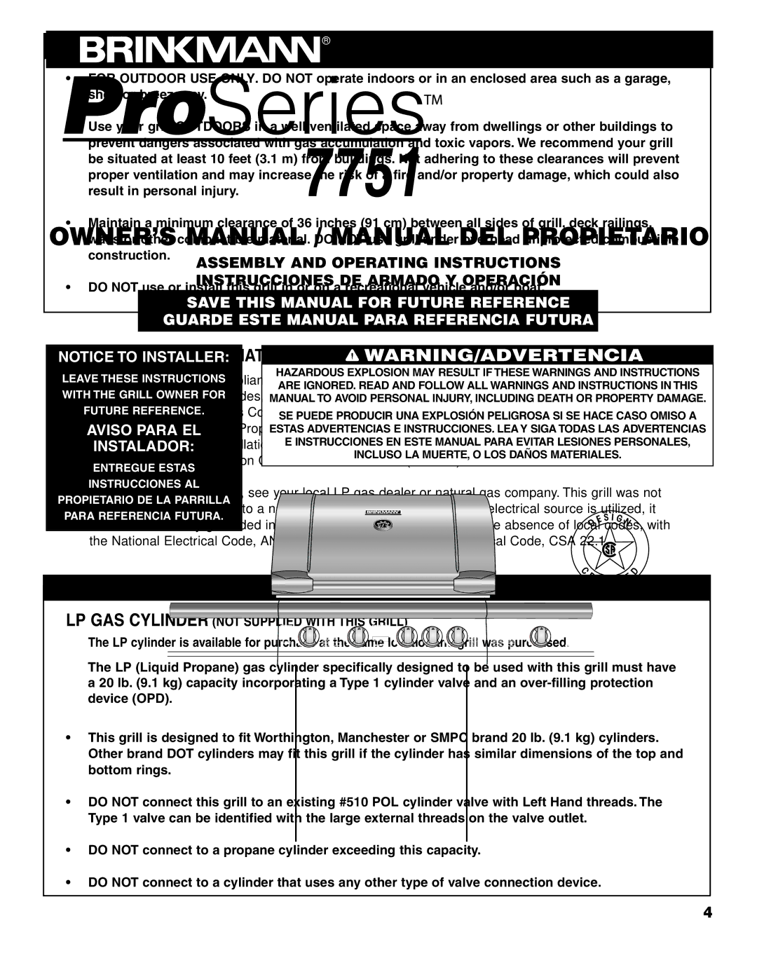 Brinkmann ProSeries 7751 owner manual Installation Information, LP GAS Cylinder not Supplied with this Grill 