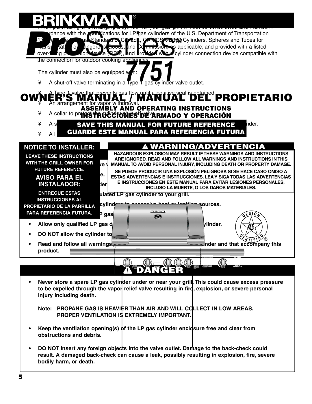 Brinkmann ProSeries 7751 owner manual Cylinder Specifications 