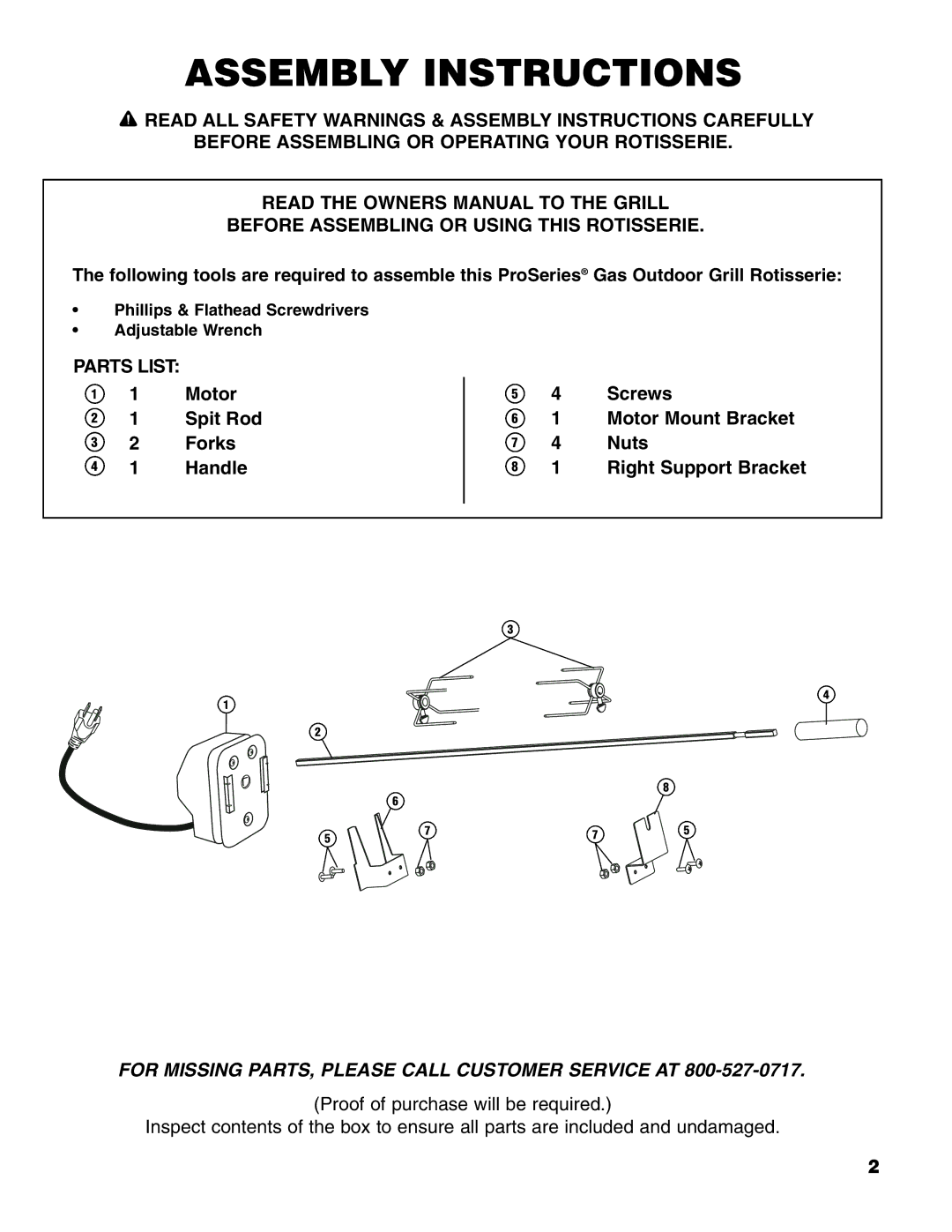 Brinkmann ProSeriesTM owner manual Assembly Instructions, For Missing PARTS, Please Call Customer Service AT 