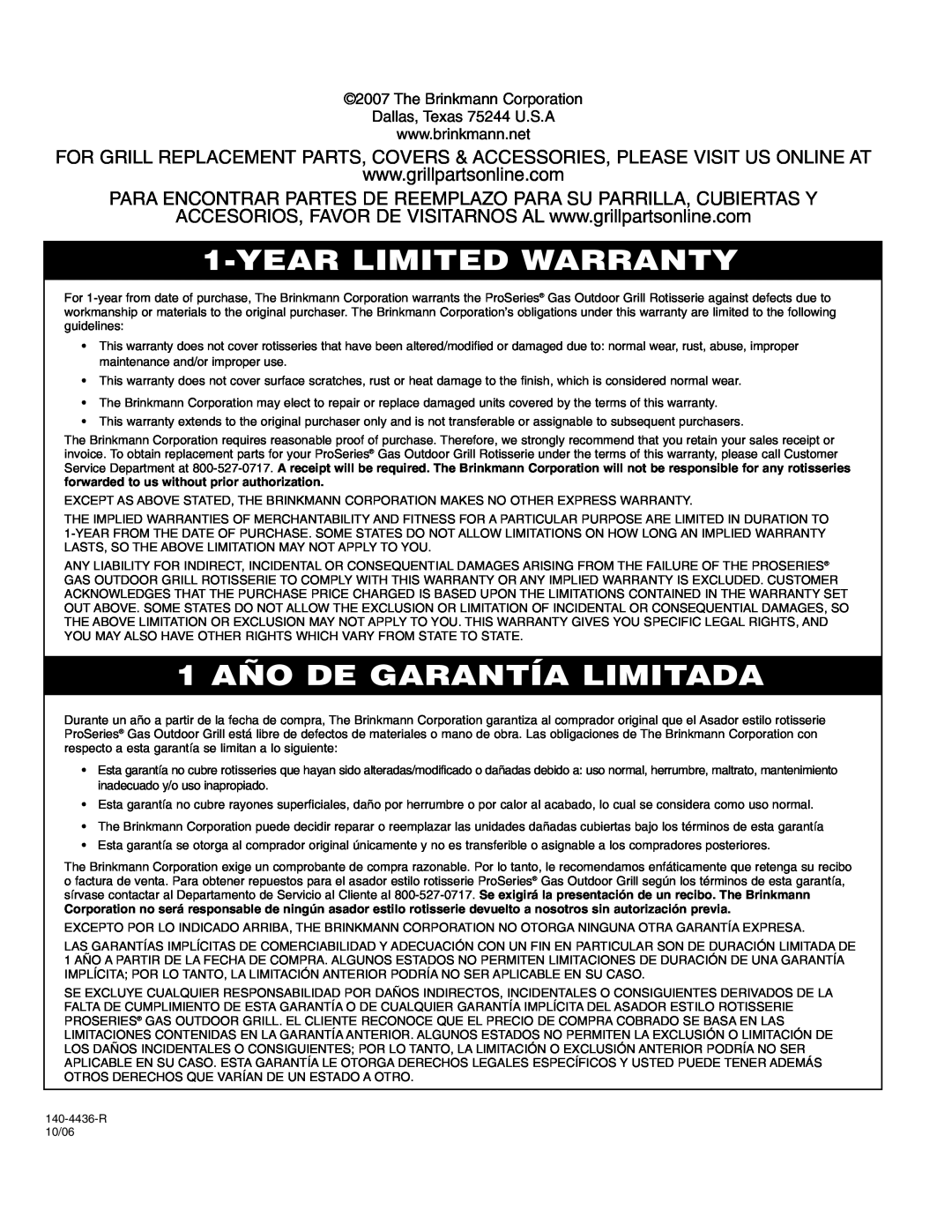 Brinkmann ProSeriesTM owner manual Year Limited Warranty, 1 AÑO DE GARANTÍA LIMITADA 