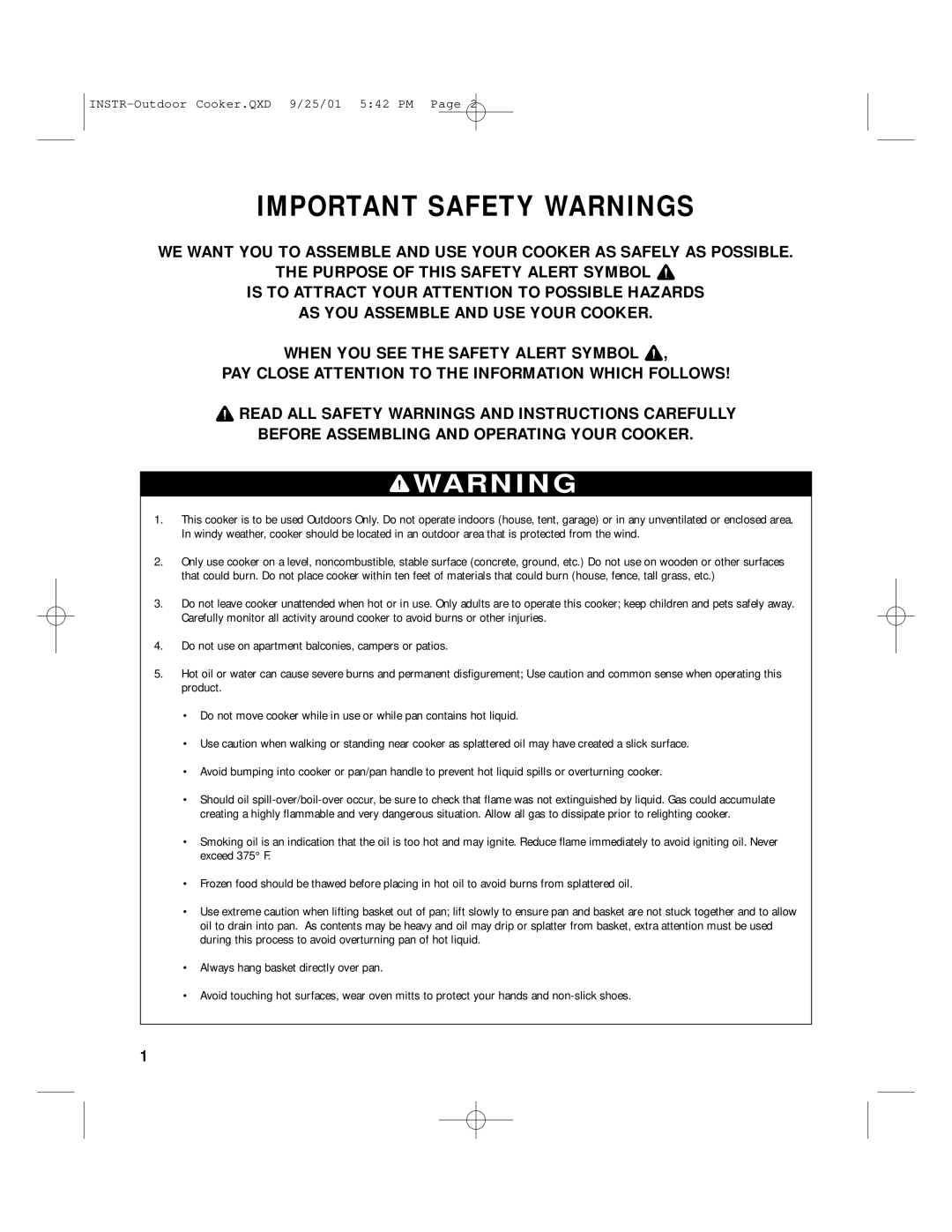 Brinkmann QXD-9, QXD-25, QXD-01 owner manual Important Safety Warnings 