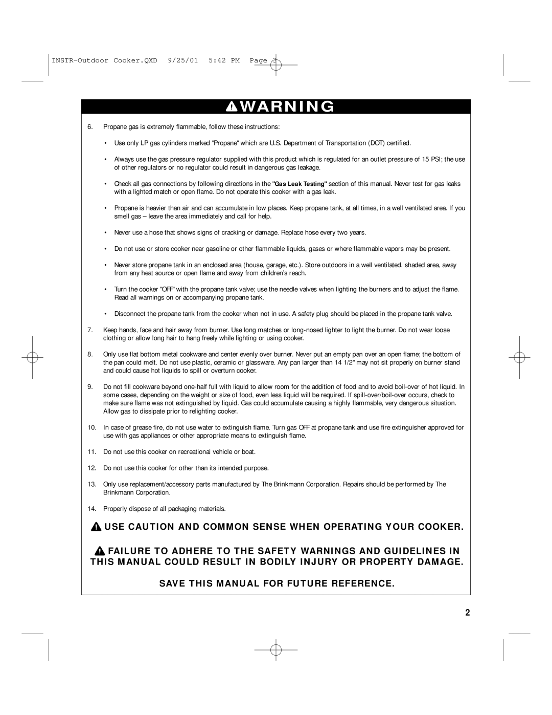 Brinkmann QXD-9, QXD-25, QXD-01 owner manual INSTR-Outdoor Cooker.QXD 9/25/01 542 PM 