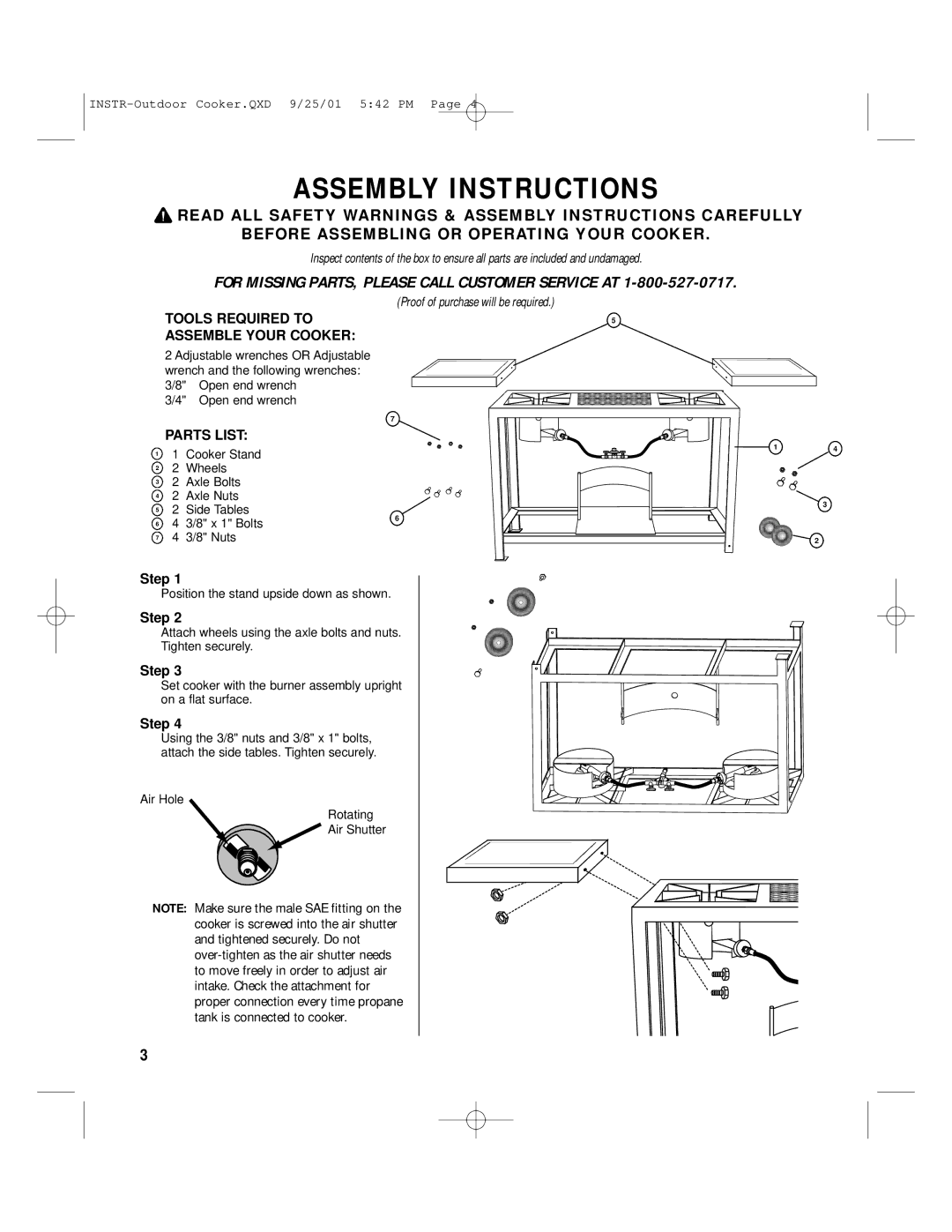 Brinkmann QXD-9, QXD-25, QXD-01 owner manual Assembly Instructions, For Missing PARTS, Please Call Customer Service AT 