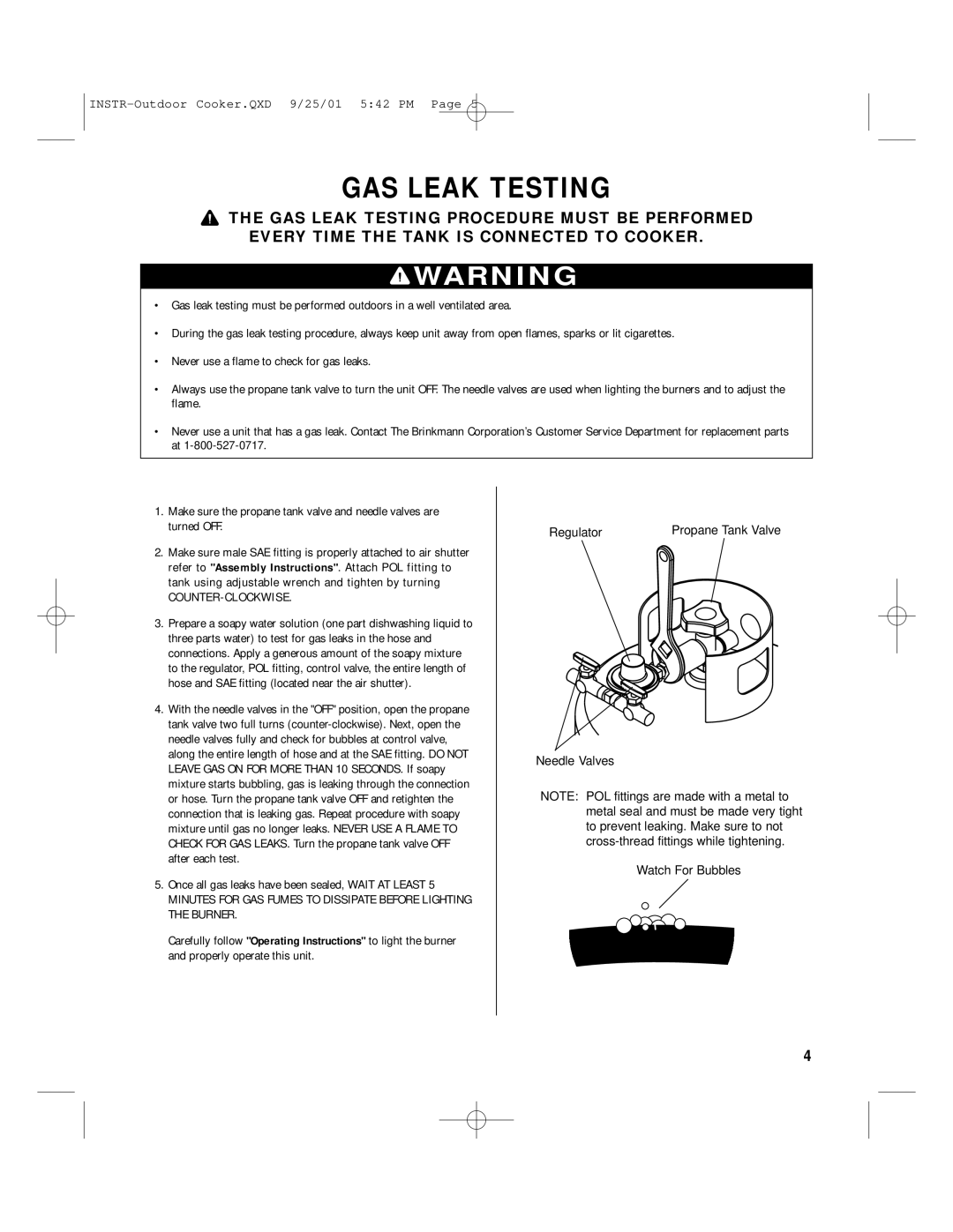 Brinkmann QXD-9, QXD-25, QXD-01 owner manual GAS Leak Testing, Counter-Clockwise 