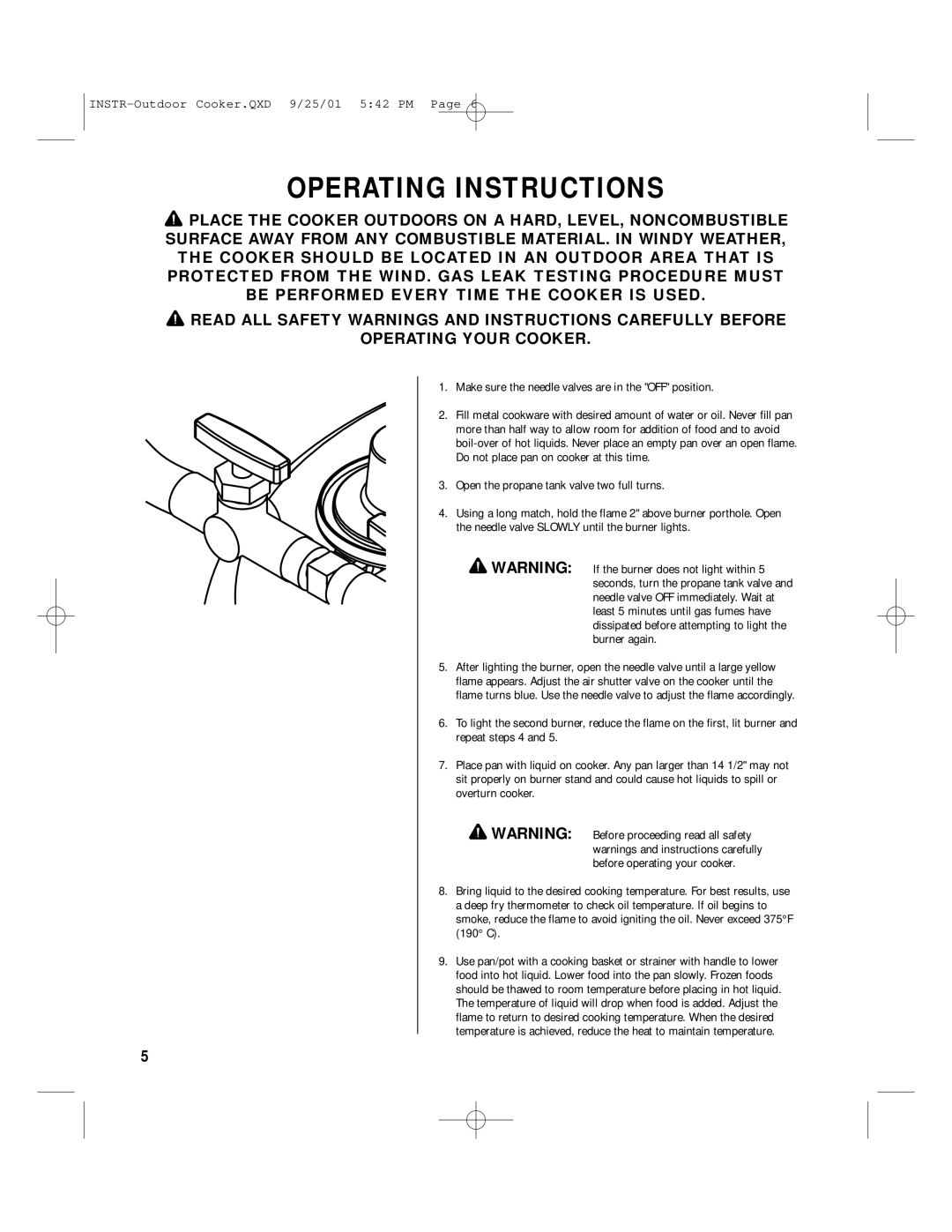 Brinkmann QXD-9, QXD-25, QXD-01 owner manual Operating Instructions, Make sure the needle valves are in the OFF position 