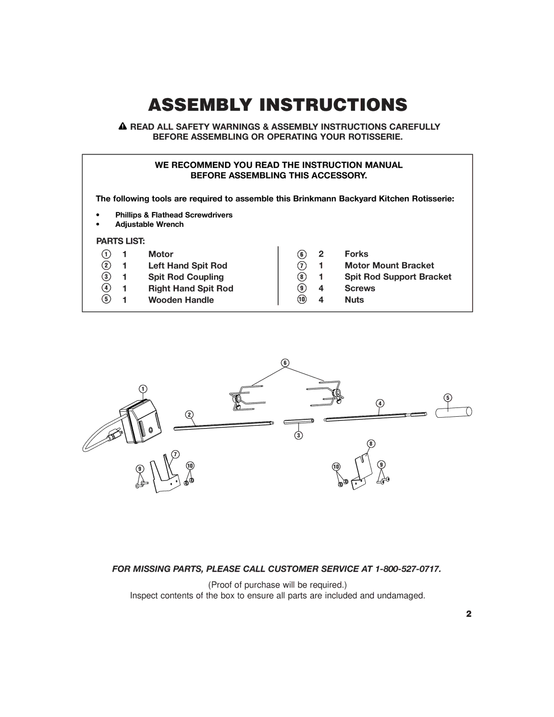 Brinkmann ROTISSERIE owner manual Assembly Instructions 