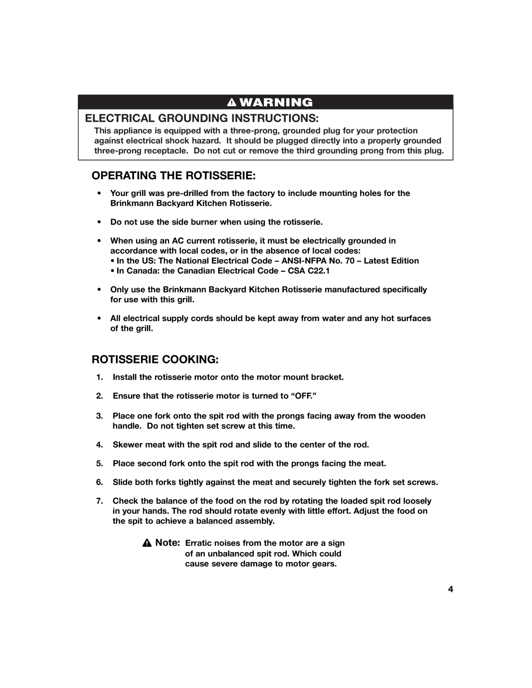 Brinkmann ROTISSERIE owner manual Electrical Grounding Instructions, Operating the Rotisserie, Rotisserie Cooking 