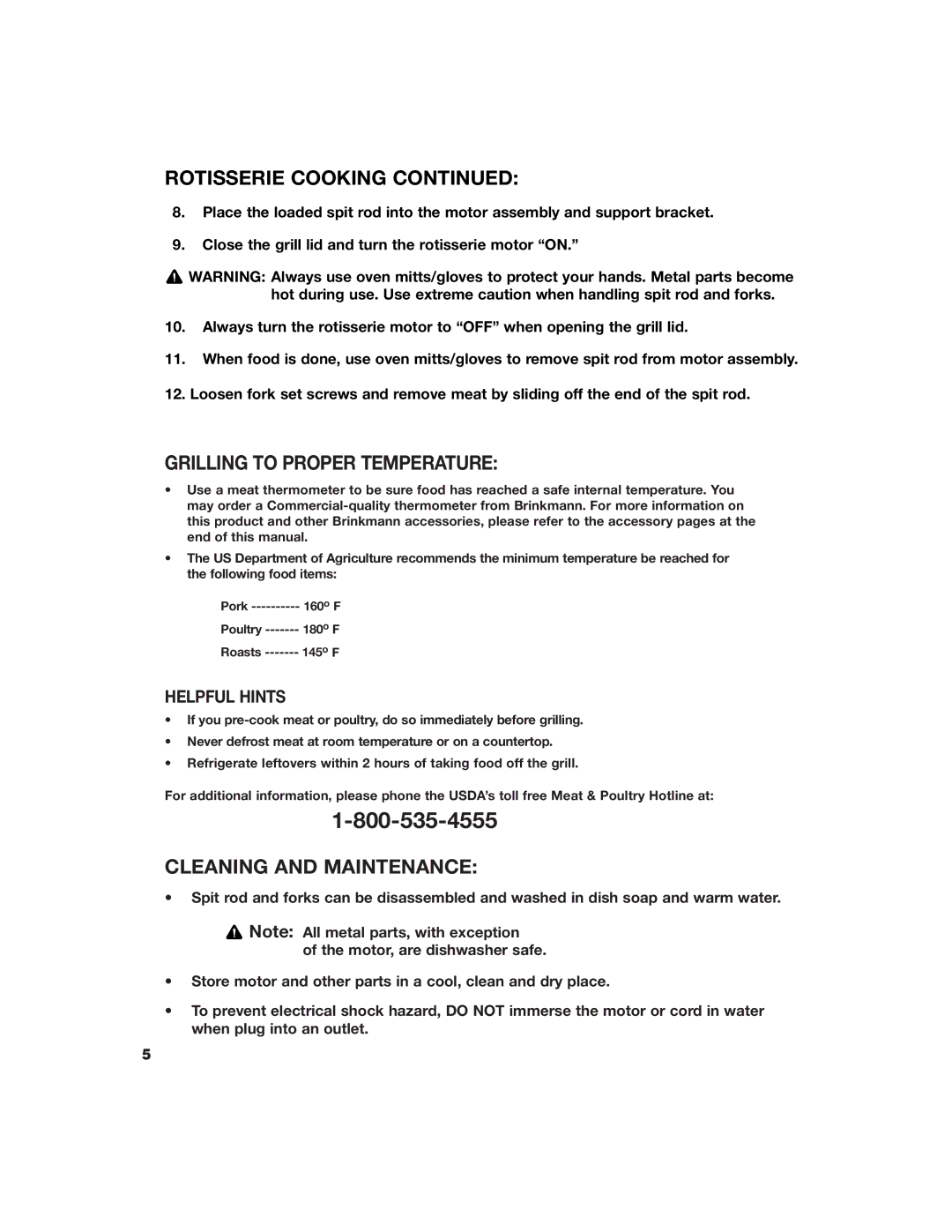 Brinkmann ROTISSERIE owner manual Grilling to Proper Temperature, Cleaning and Maintenance 