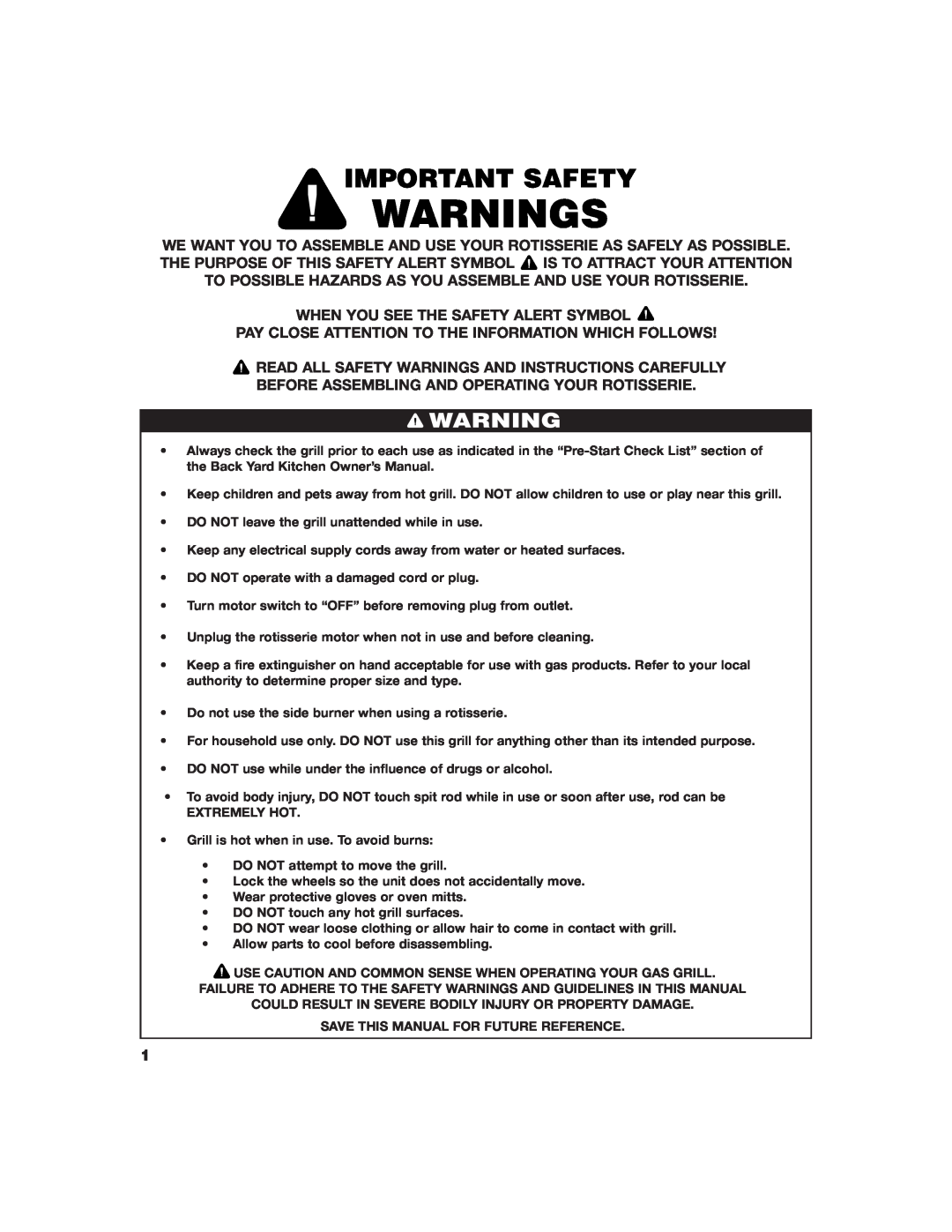 Brinkmann ROTISSERIE owner manual Warnings, Important Safety 