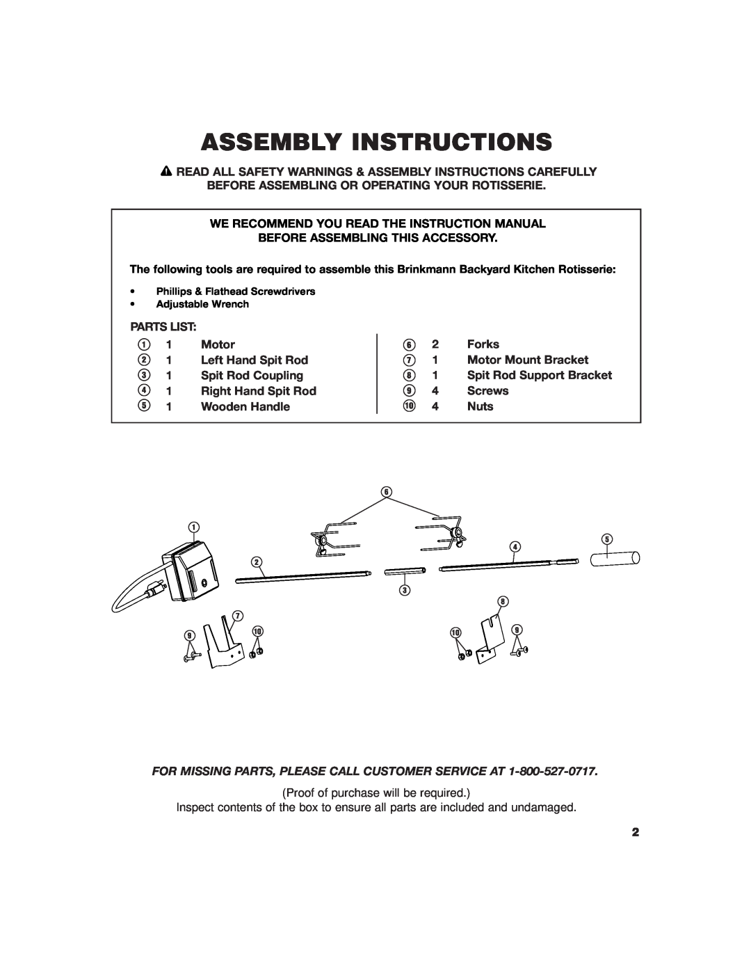 Brinkmann ROTISSERIE owner manual Assembly Instructions 