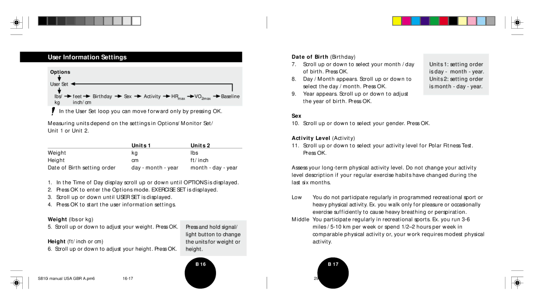 Brinkmann S810I user manual User Information Settings, Date of Birth Birthday, Sex, Units, Activity Level Activity 