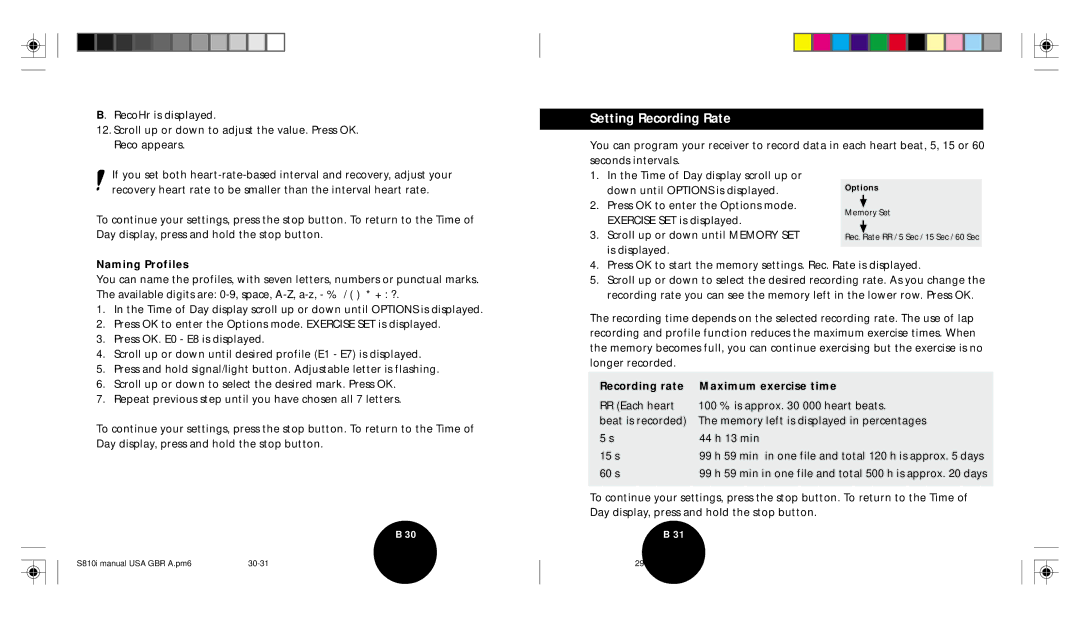 Brinkmann S810I user manual Setting Recording Rate, Naming Profiles, Recording rate Maximum exercise time 