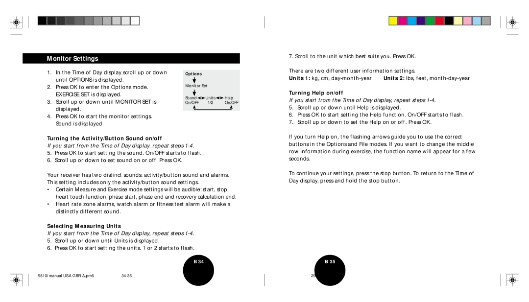 Brinkmann S810I Monitor Settings, Turning the Activity/Button Sound on/off, Turning Help on/off, Selecting Measuring Units 
