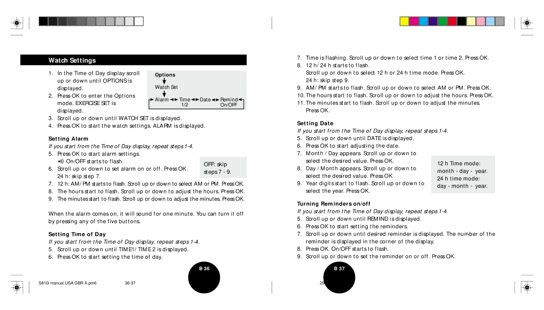 Brinkmann S810I user manual Watch Settings, Setting Alarm, Setting Time of Day, Setting Date, Turning Reminders on/off 