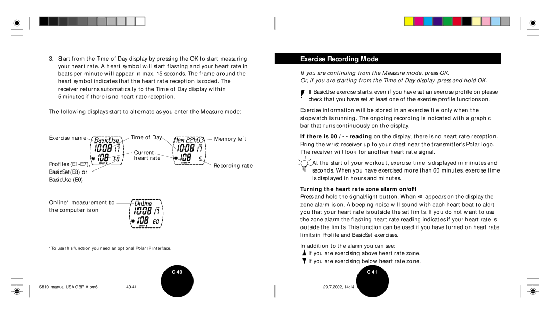 Brinkmann S810I user manual Exercise Recording Mode, Turning the heart rate zone alarm on/off 