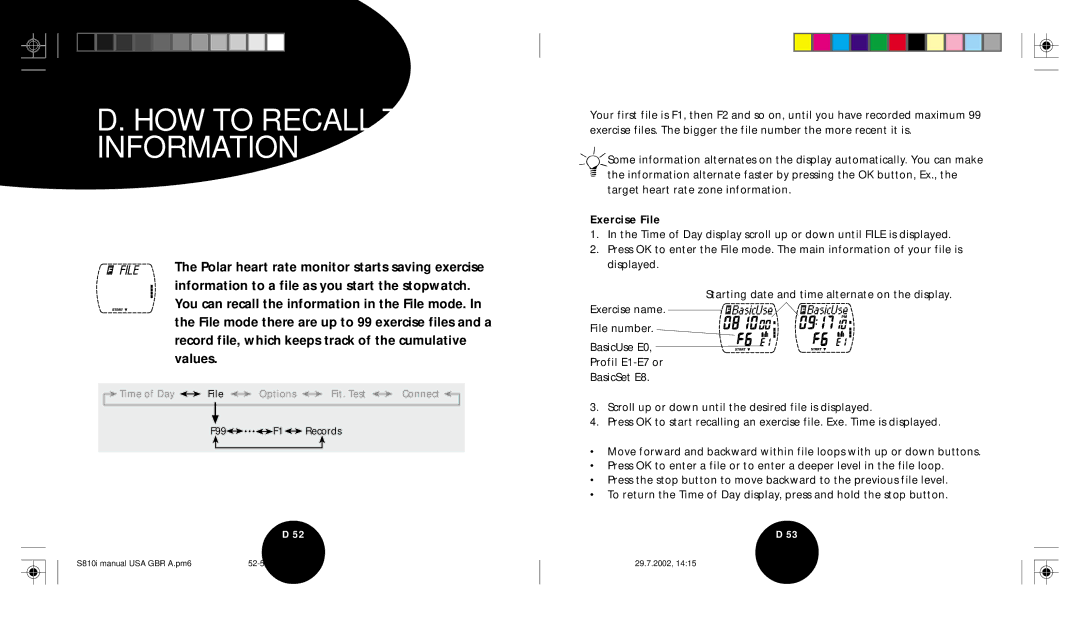 Brinkmann S810I user manual HOW to Recall Training Information, Exercise File 