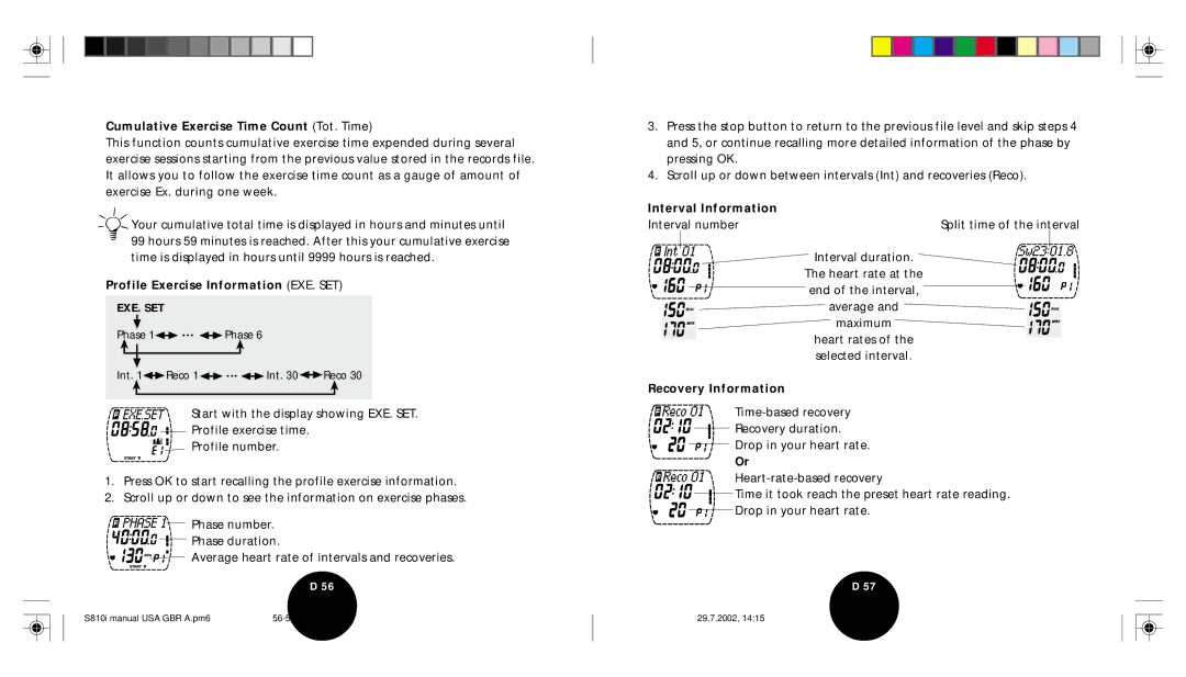 Brinkmann S810I Cumulative Exercise Time Count Tot. Time, Profile Exercise Information EXE. SET, Interval Information 