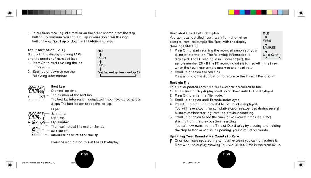 Brinkmann S810I user manual Recorded Heart Rate Samples, Lap Information Laps, Best Lap, Records File 