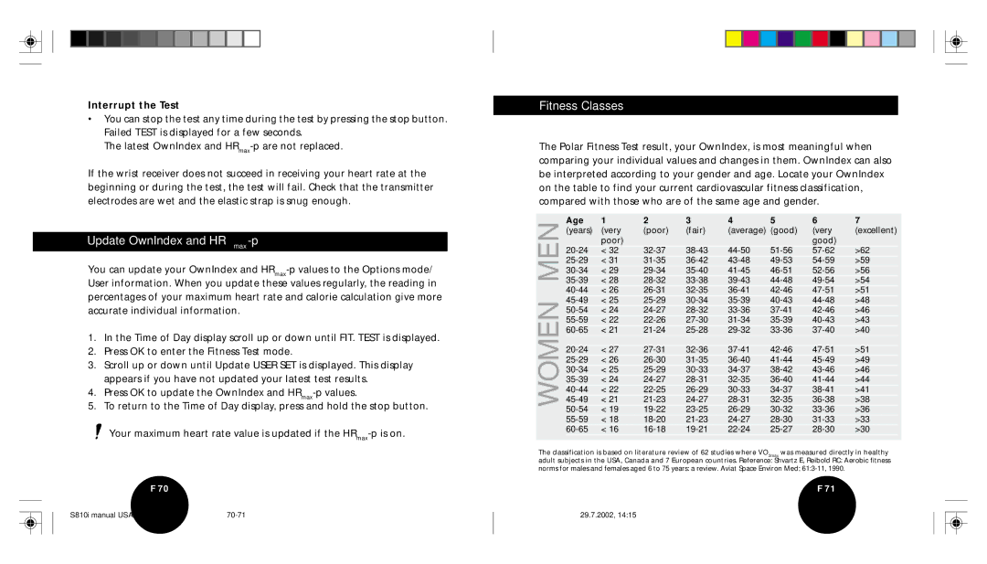 Brinkmann S810I user manual Update OwnIndex and HRmax-p, Fitness Classes, Interrupt the Test 