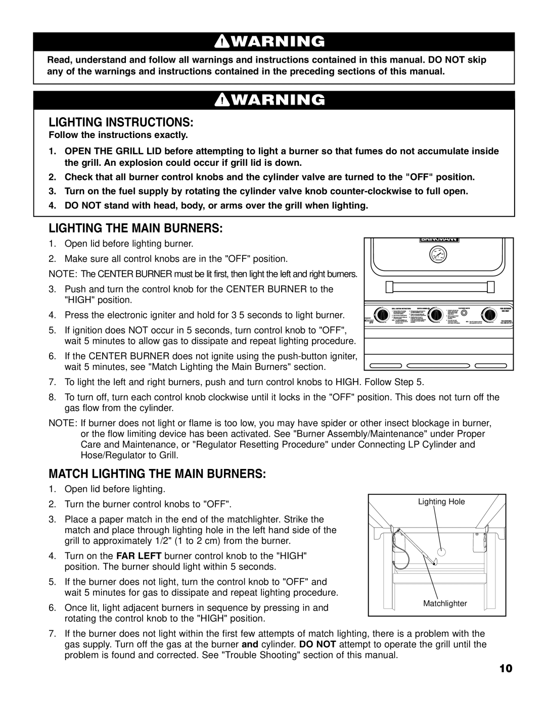 Brinkmann Series 2210 owner manual Lighting Instructions, Match Lighting the Main Burners 