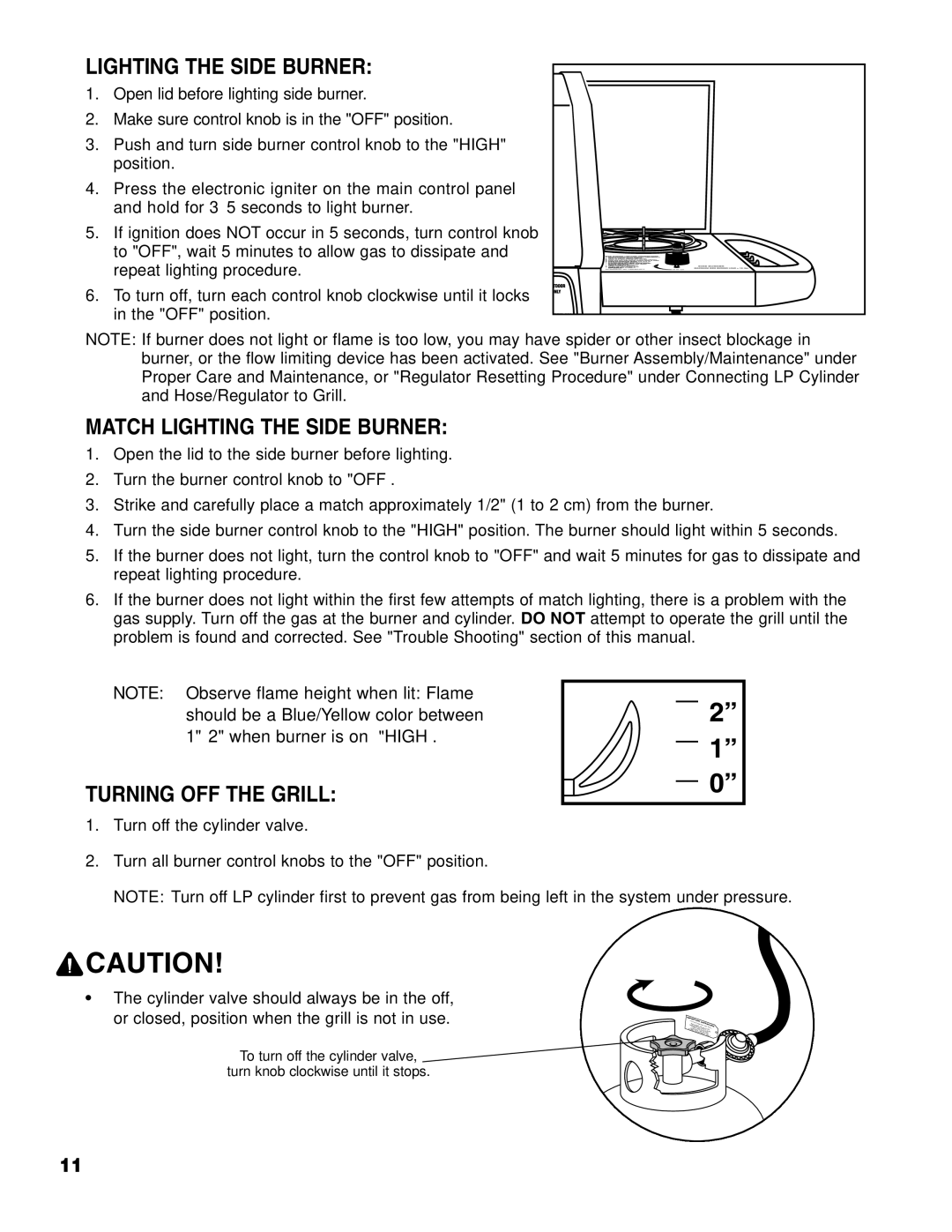 Brinkmann Series 2210 owner manual Match Lighting the Side Burner, Turning OFF the Grill 