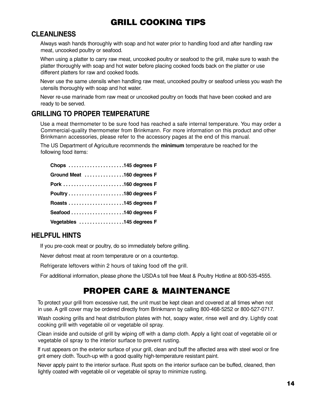 Brinkmann Series 2210 owner manual Cleanliness, Grilling to Proper Temperature, Helpful Hints 