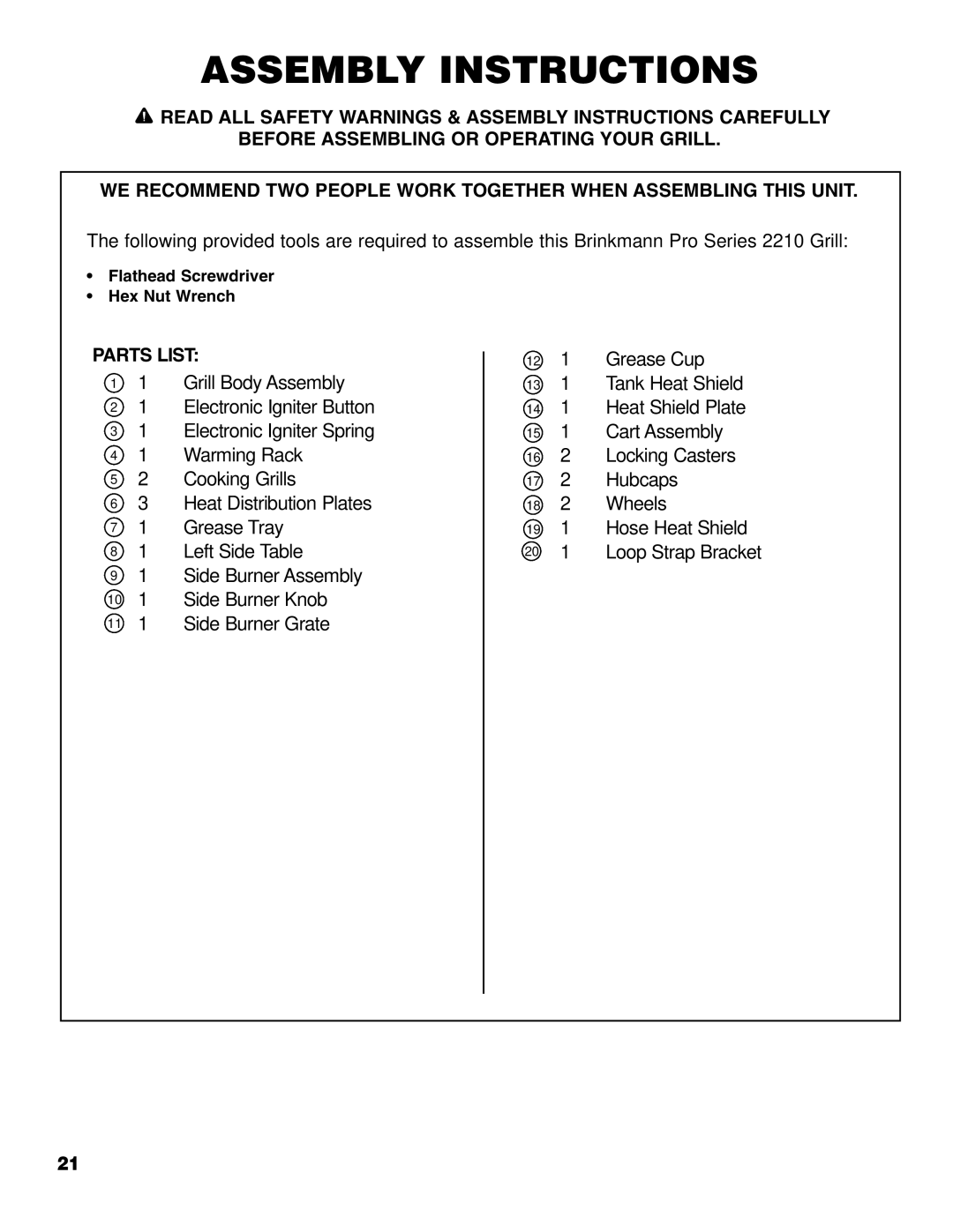 Brinkmann Series 2210 owner manual Assembly Instructions 