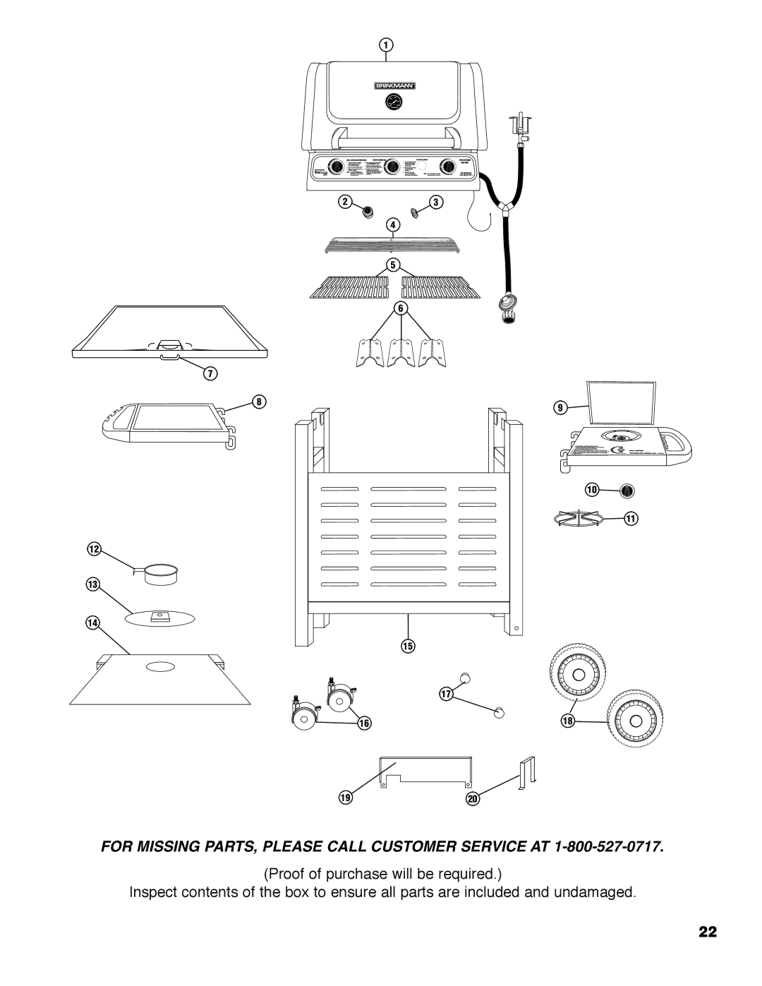 Brinkmann Series 2210 owner manual For Missing PARTS, Please Call Customer Service AT 